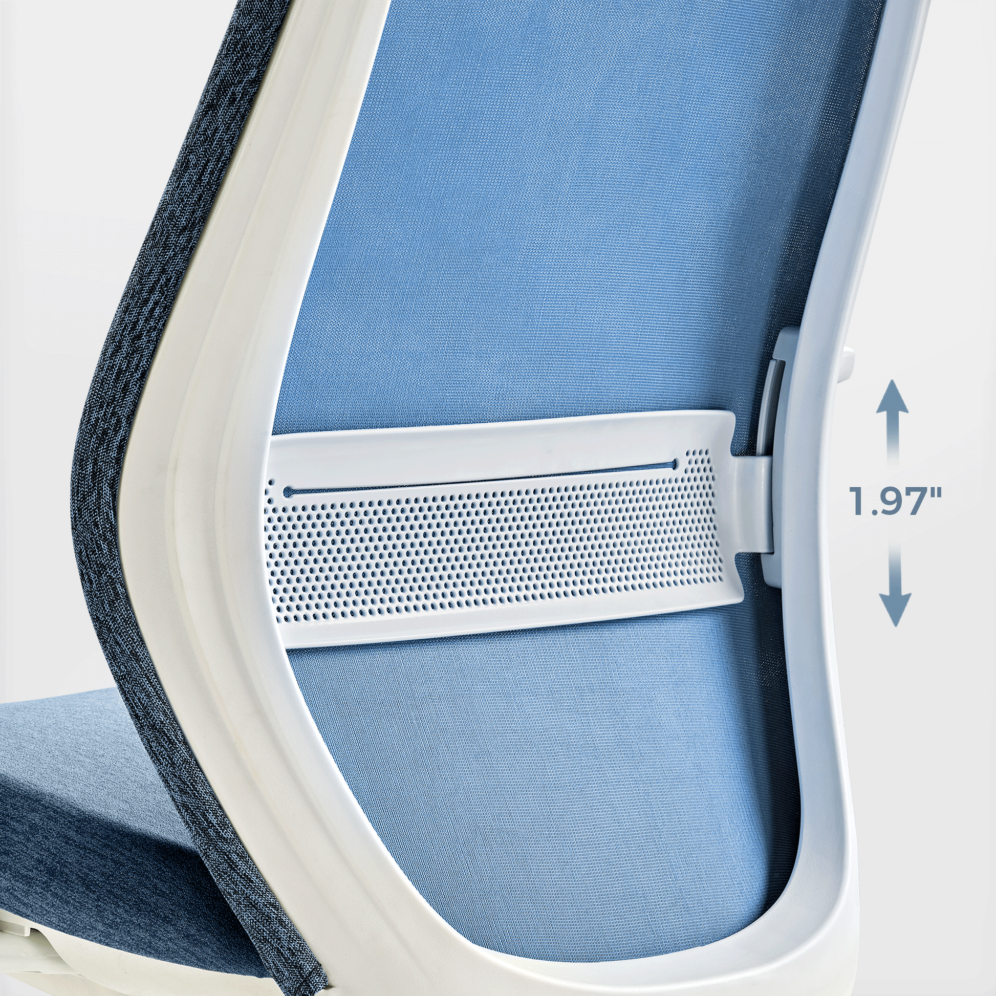 Skylar-Lite Duo Hue Ergonomic Office Chair Backrest, Blue Woven Fabric and White Frame With Adjustable Lumbar Support.