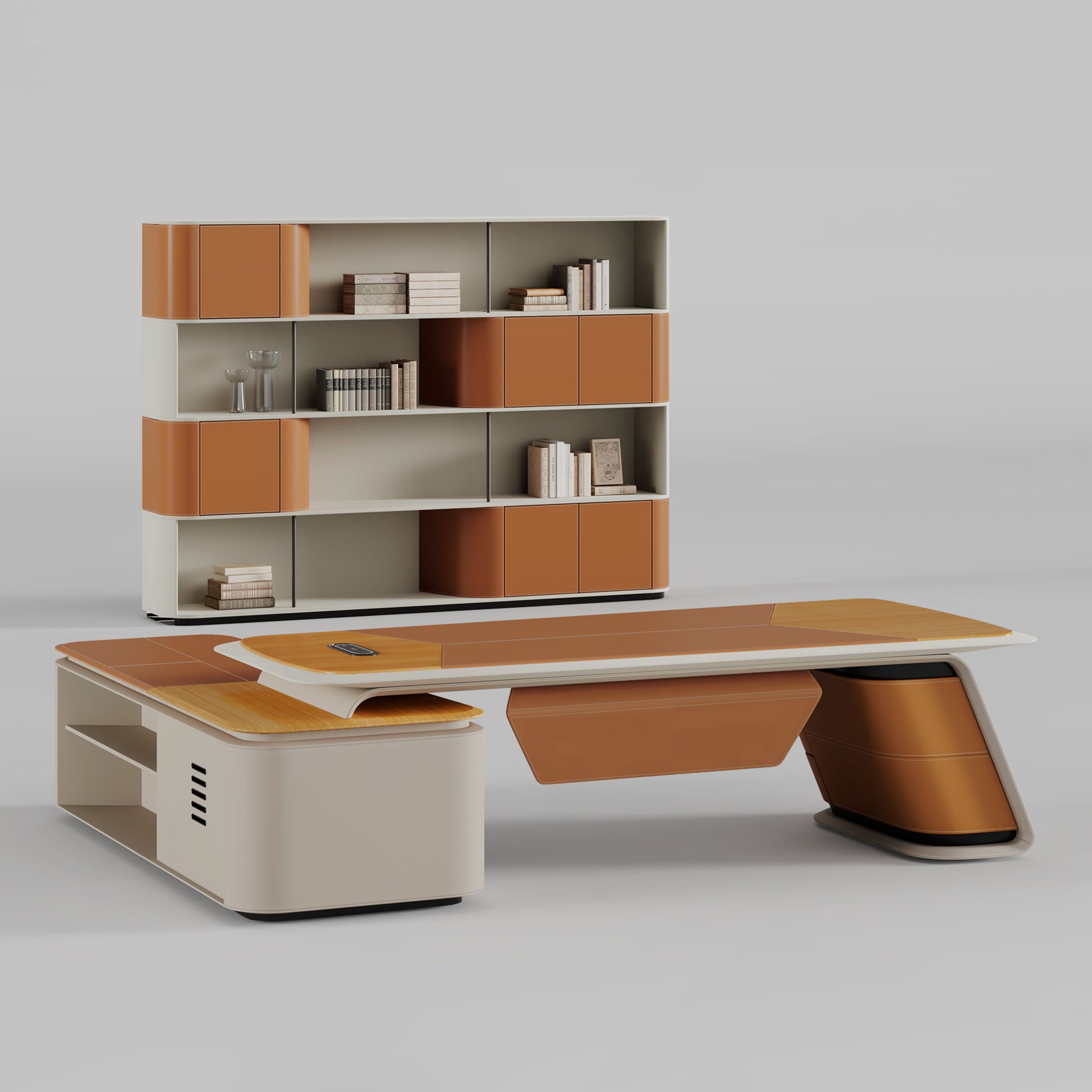 Eureka Ergonomic Zen Altair executive desk and bookcase set with orange faux leather accents and light wood veneer.