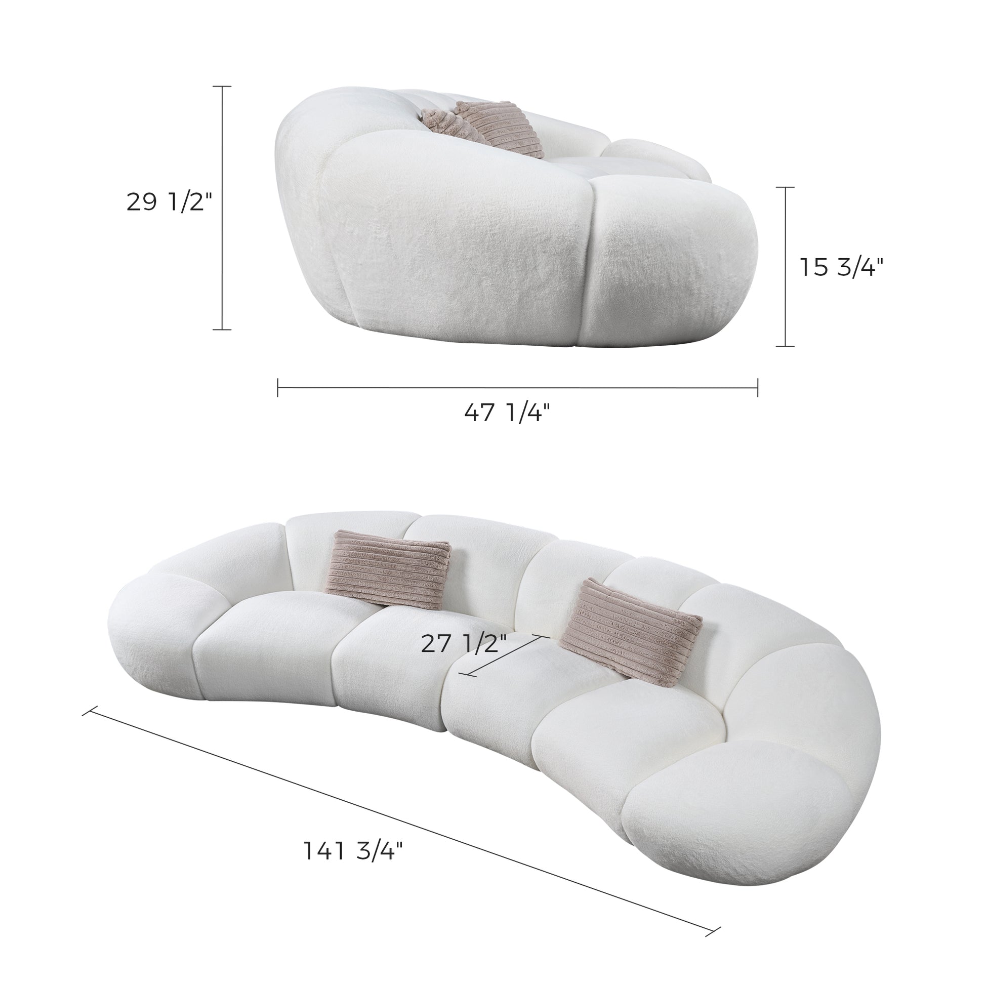 Adele Modern Curved Sofa Dimensions in White Plush Fabric, 141 Long, Modern Living Room Sofa.