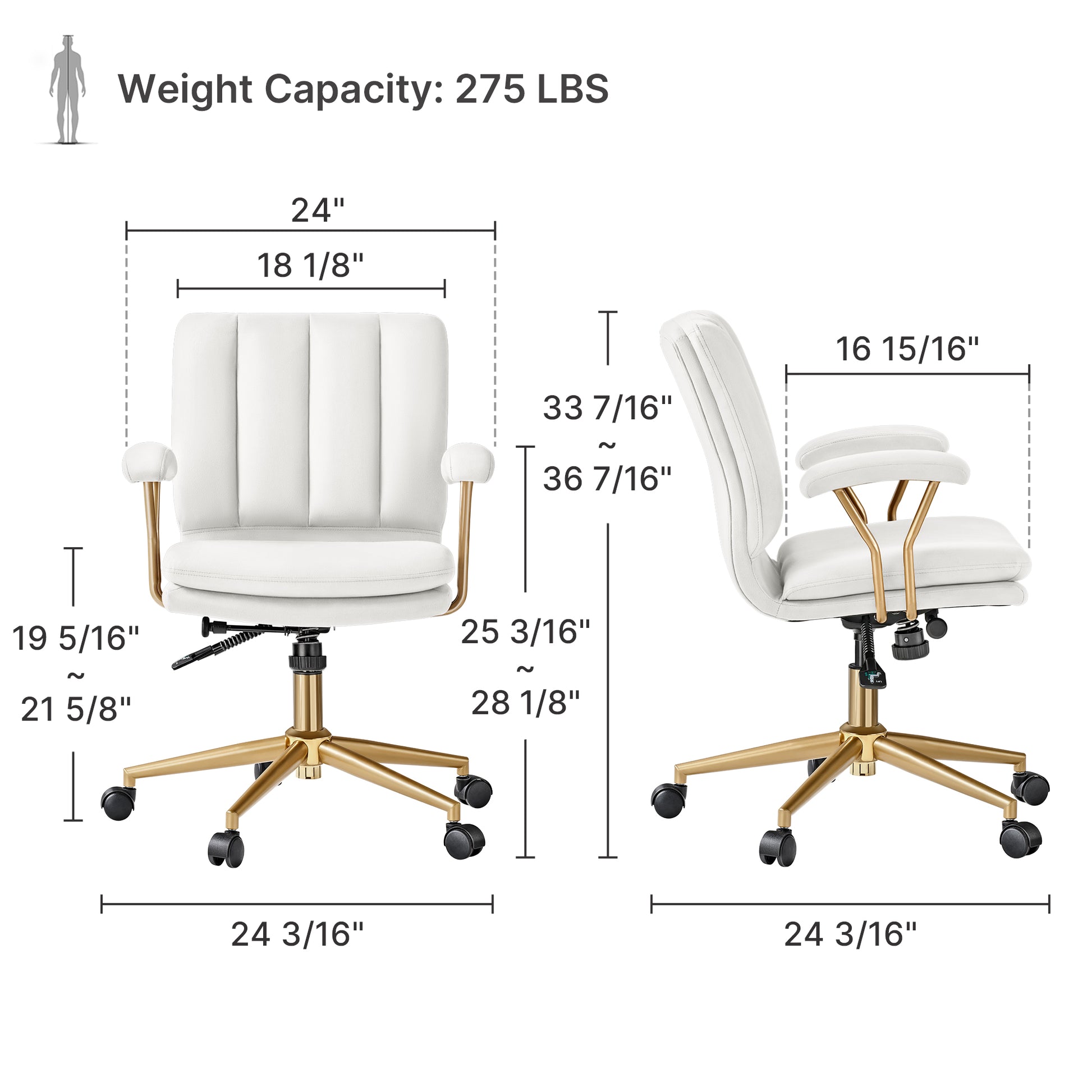 Adena Velvet Office Chair Dimensions: White Velvet, Gold Base. Modern Home Office Chair.