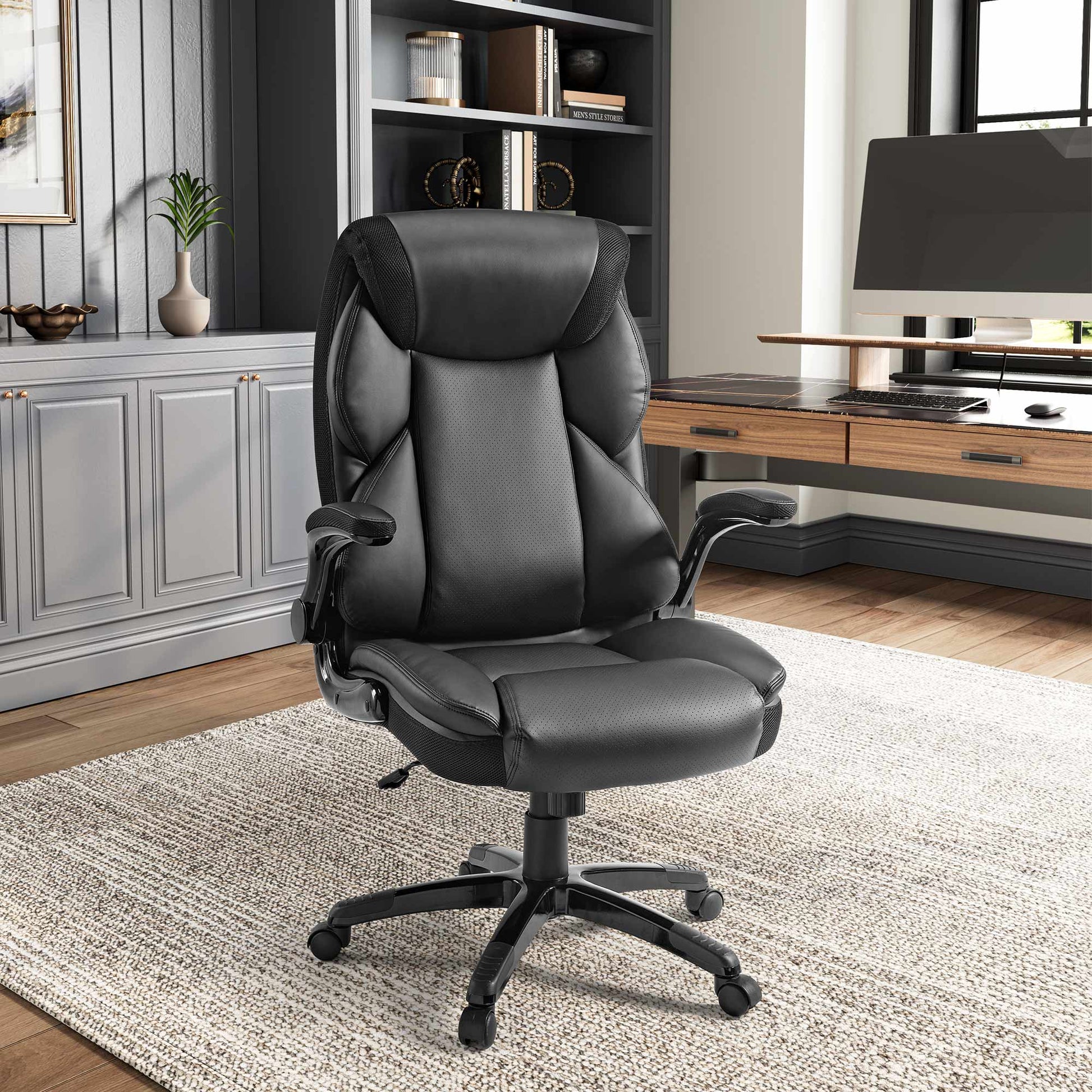 Galene Black Faux Leather Office Chair, Ergonomic Design for Workspace Comfort.