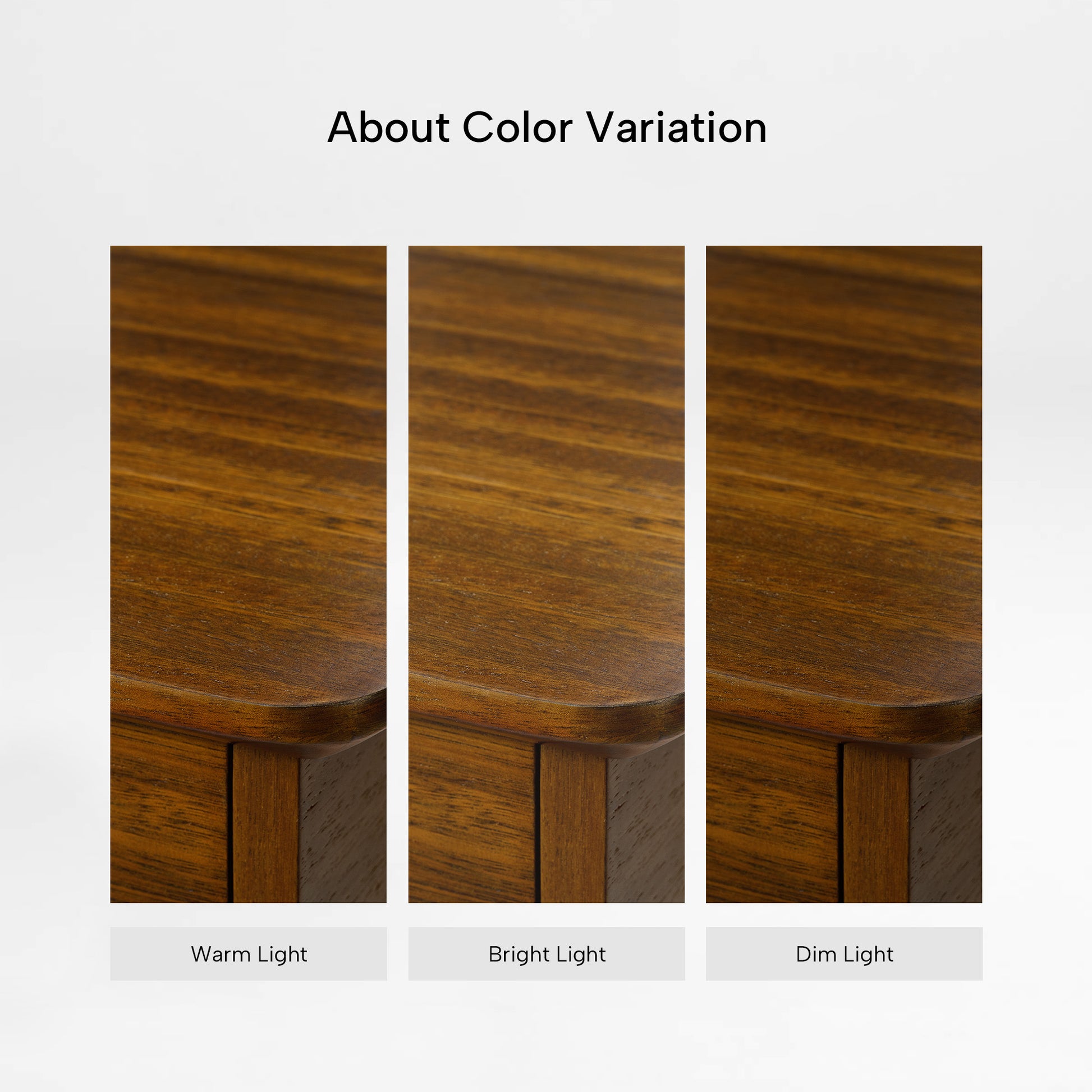Eureka Ergonomic Ark Pro L-shaped standing desk walnut finish color variation under warm, bright, and dim light.