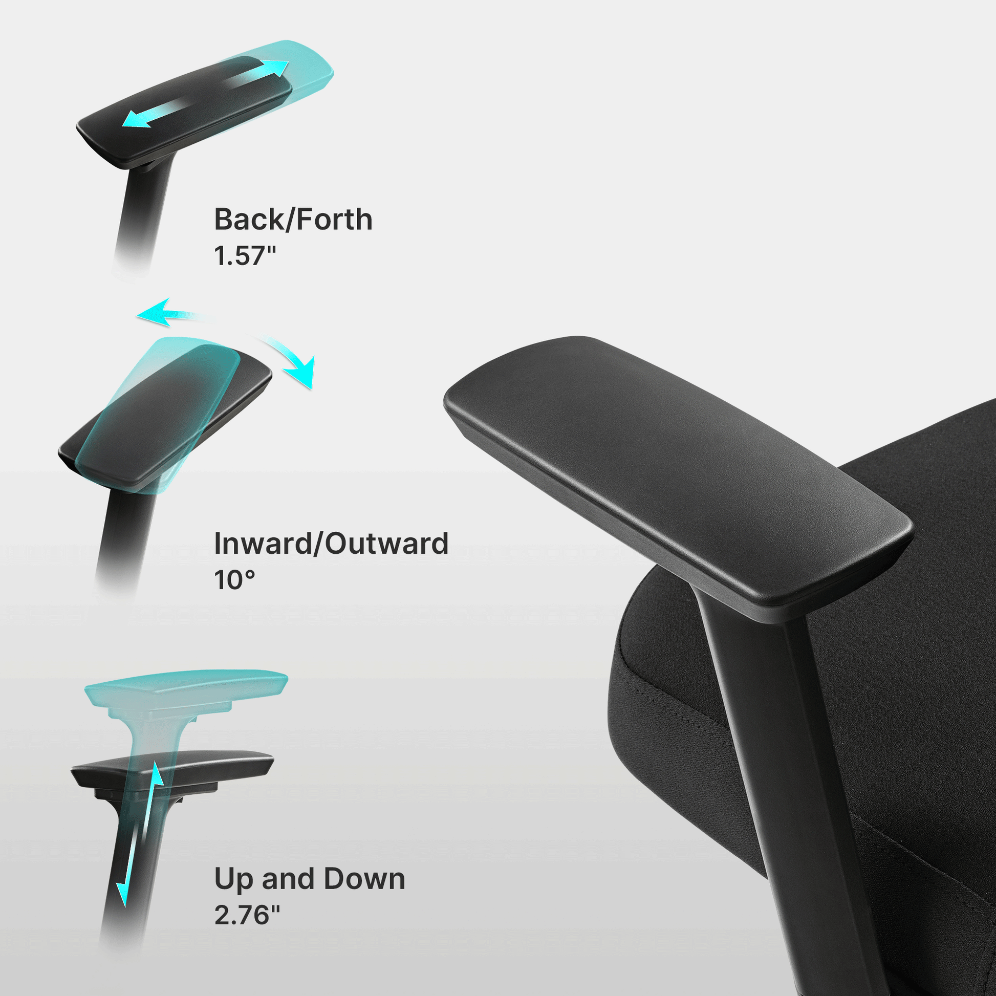 Axion Ergonomic Hybrid Chair, Black 3D Armrests With Adjustable Back/Forth, Inward/Outward, and Up/Down Features.