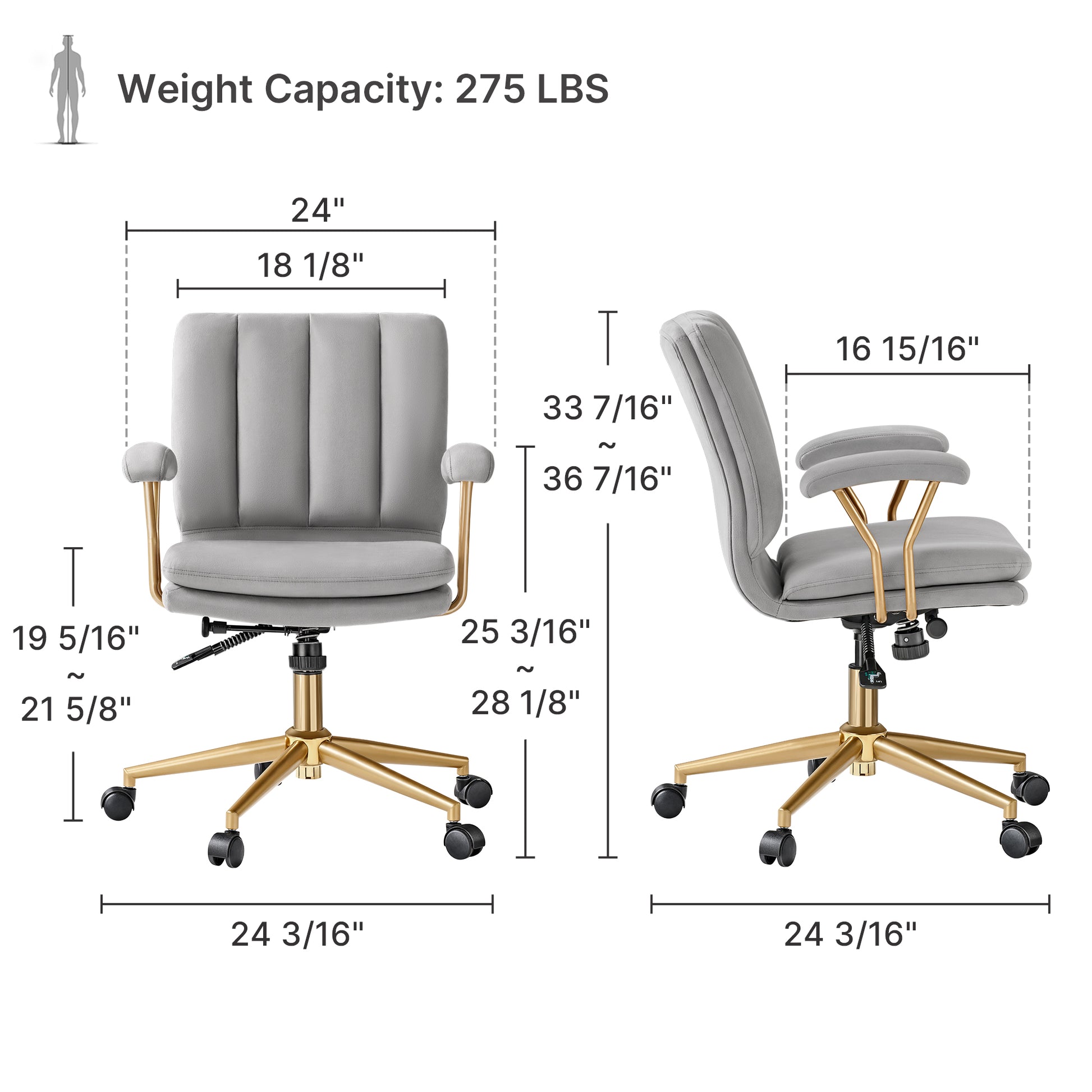 Adena Velvet Office Chair Dimensions in Gray Velvet and Gold Base, Modern Office Chair, 275Lbs Capacity.