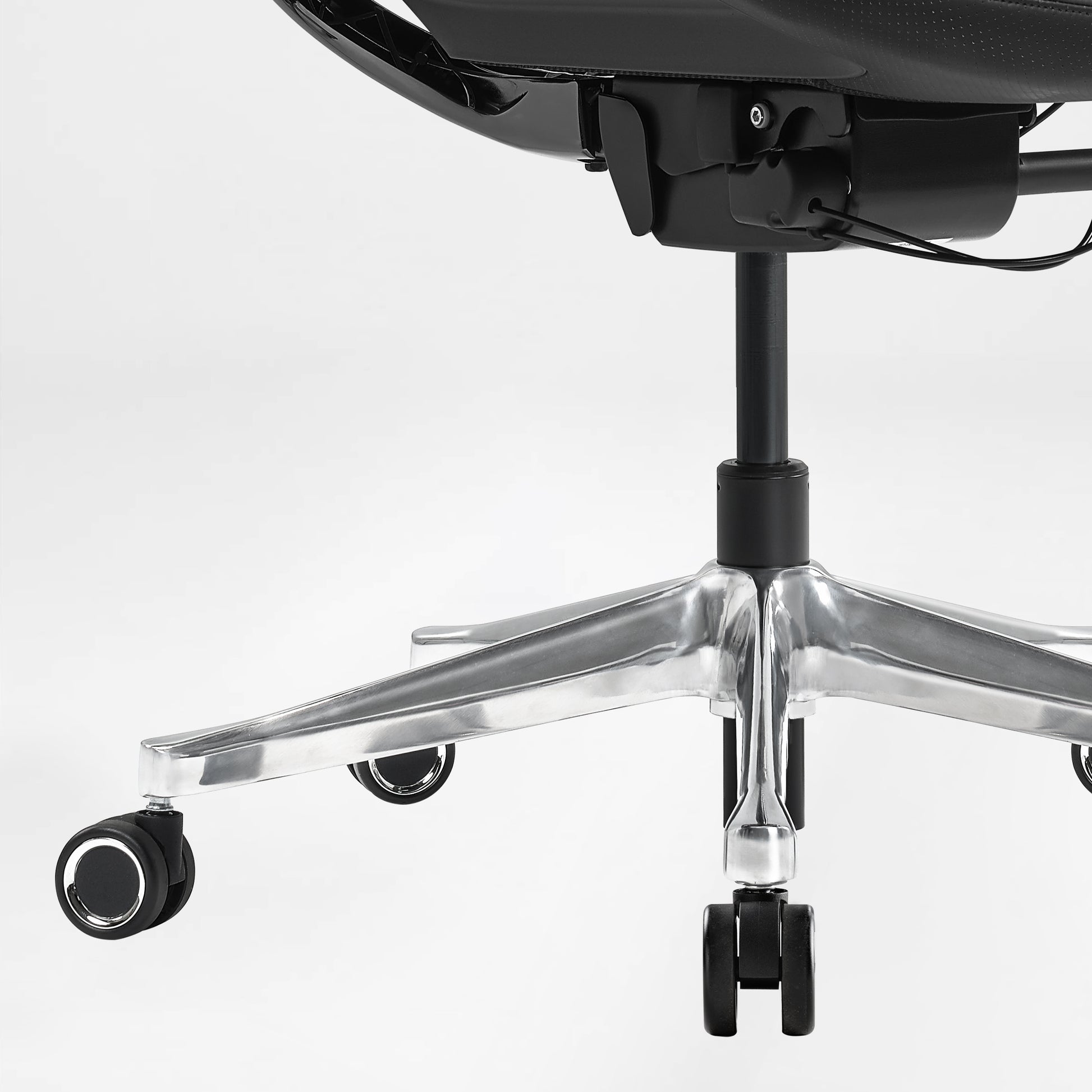 Eureka Ergonomic Serene Ella executive chair polished aluminum five-star base with black casters for mobility.