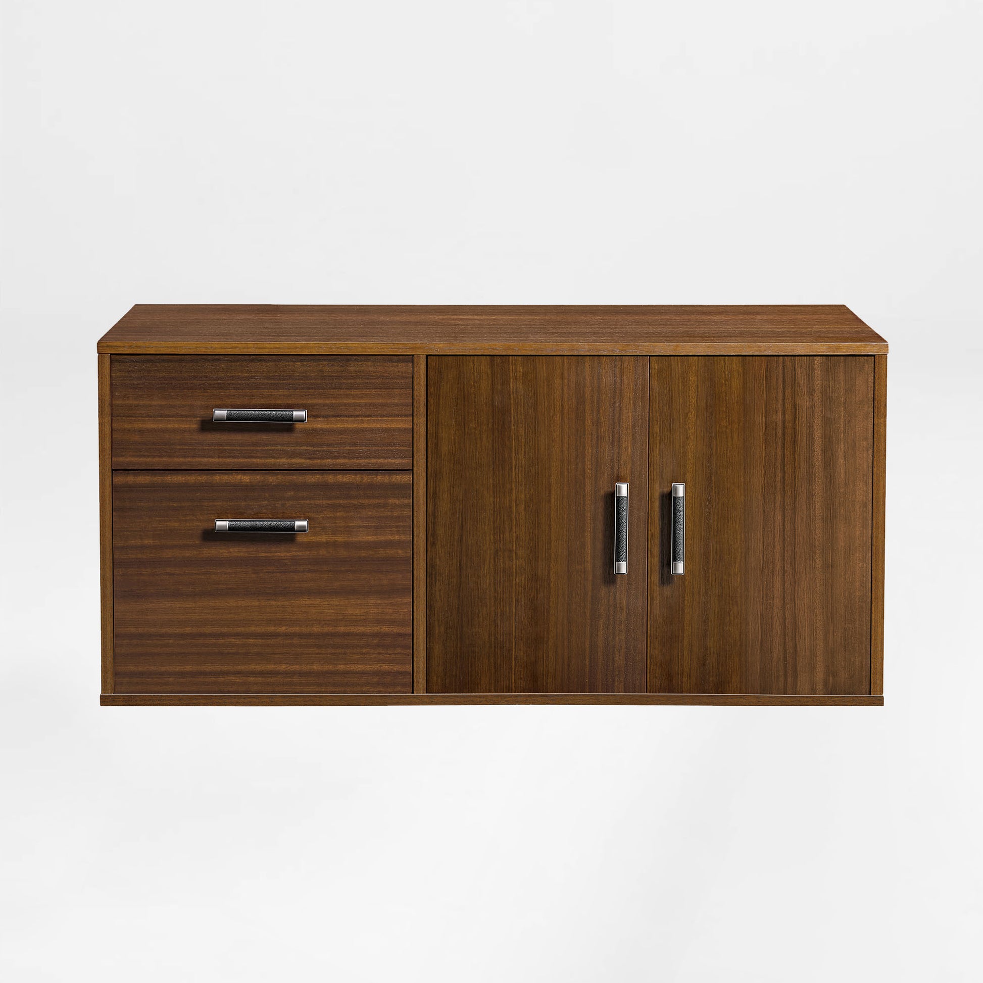 Zen Pro Executive Desk Wooden Cabinet With Drawers and Cabinet Doors, Brown Wood Grain, for Office Storage.