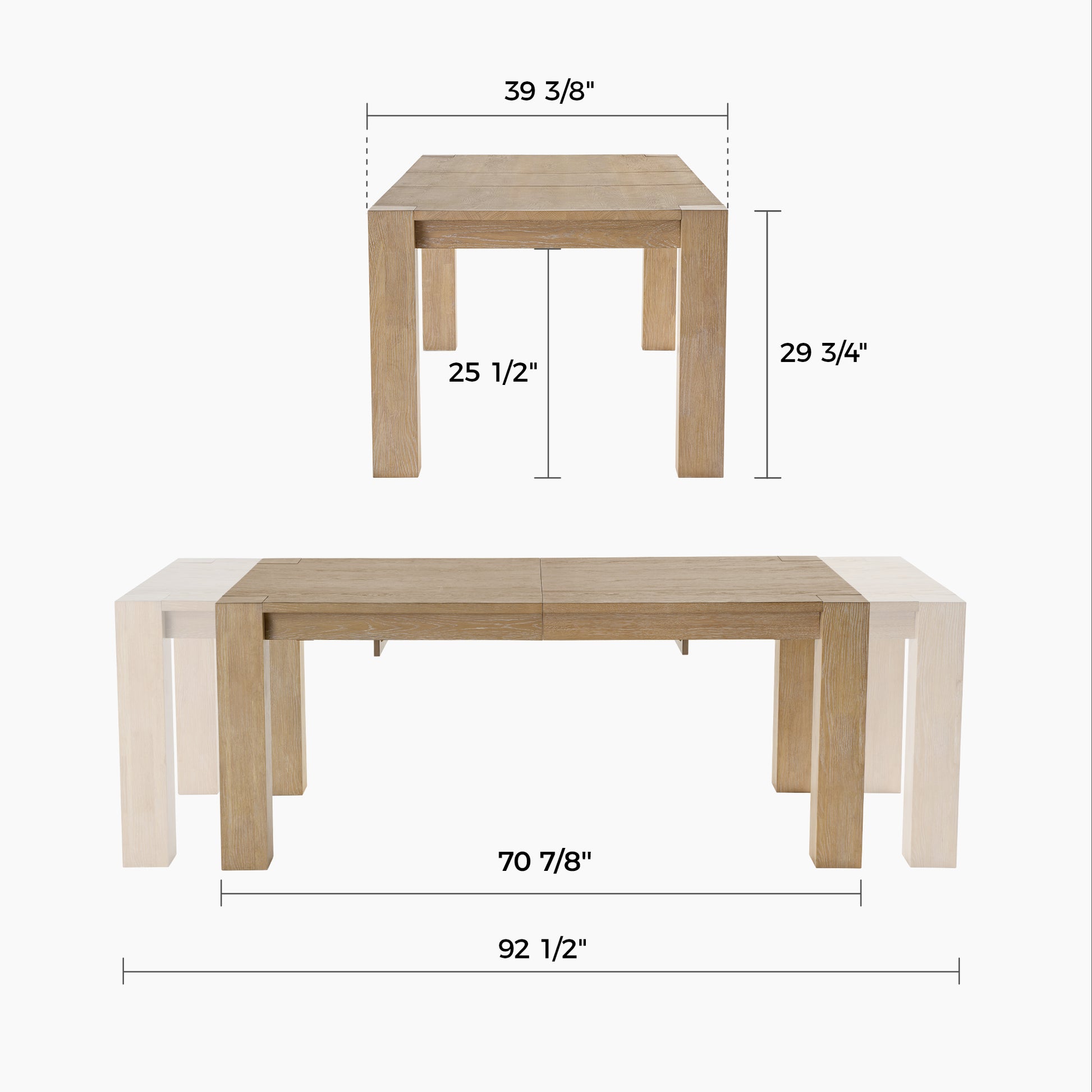Edora Oak Extendable Dining Table Dimensions Diagram, Showing Closed and Extended Sizes.