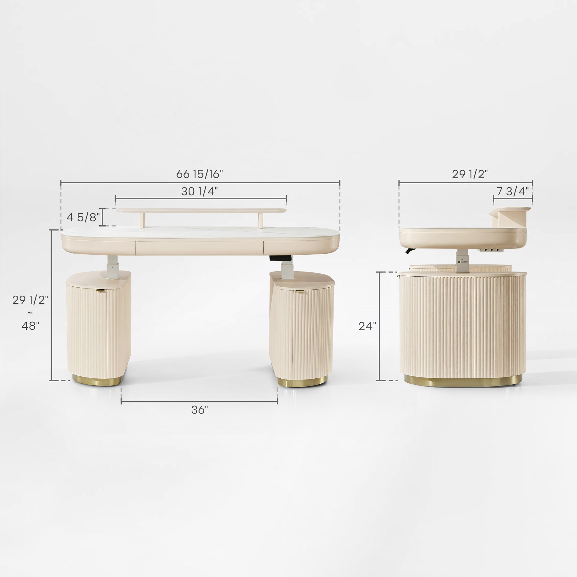 Opal Oval Executive Standing Desk Technical Drawing With Dimensions. 66X29 Desk With Storage, Ergonomic Design.