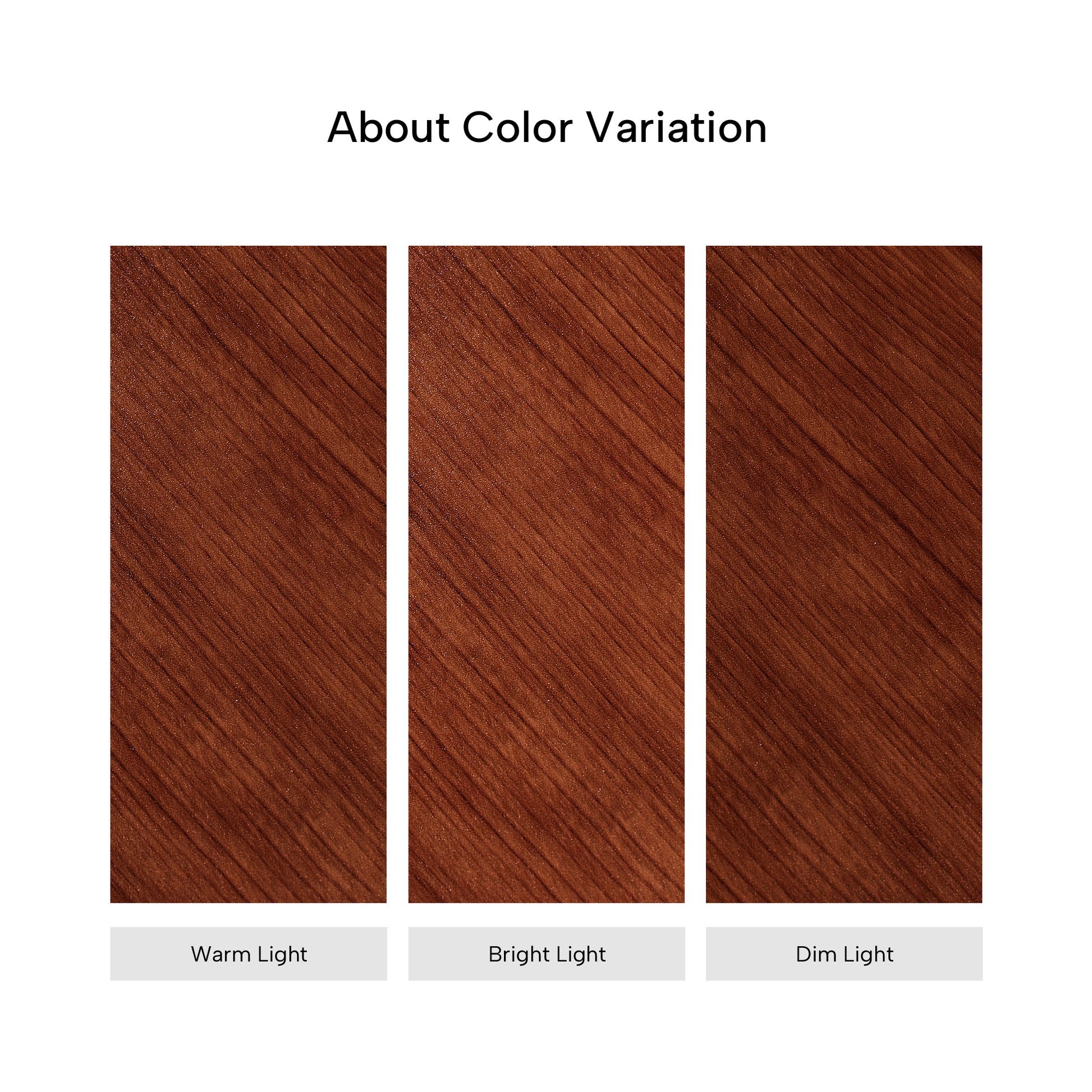 Eureka Ergonomic Ark Lite standing desk woodgrain color variation samples under warm, bright, and dim lighting conditions.