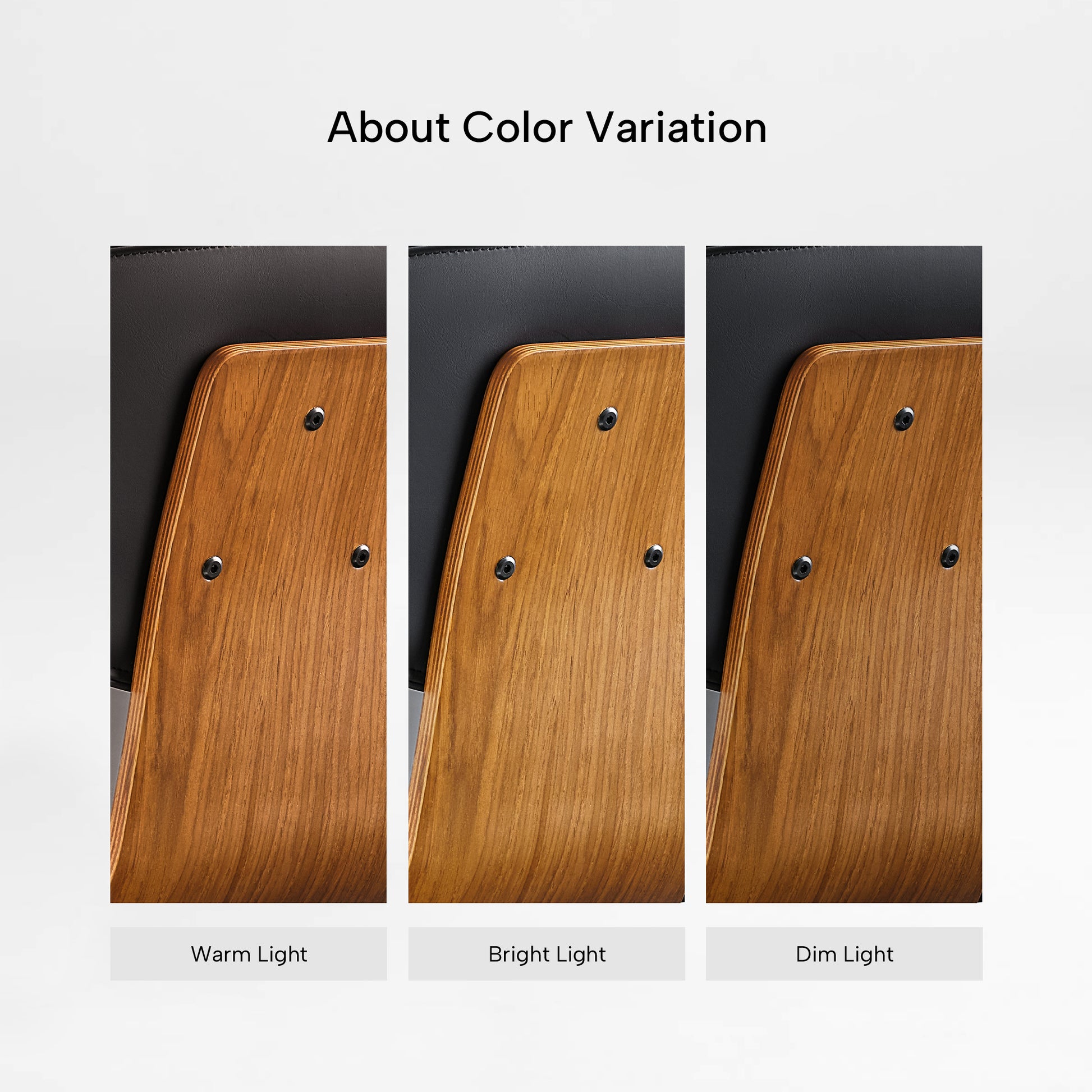 Eureka Ergonomic Matt black faux leather office chair back detail with walnut veneer panel under warm, bright, and dim lighting.