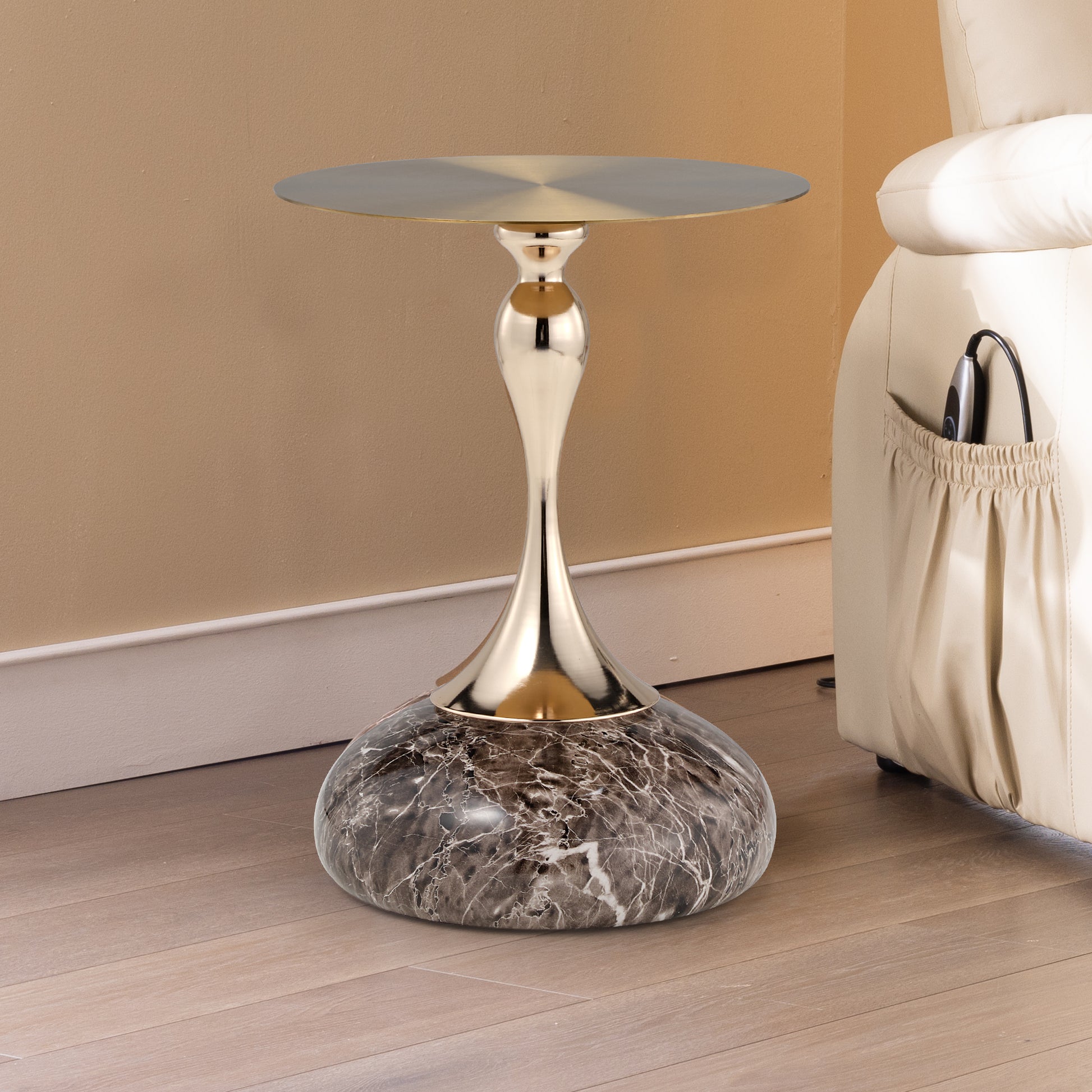15 Round Metal Top Side Table With Marble Base and Gold Metal Top, Modern Design.
