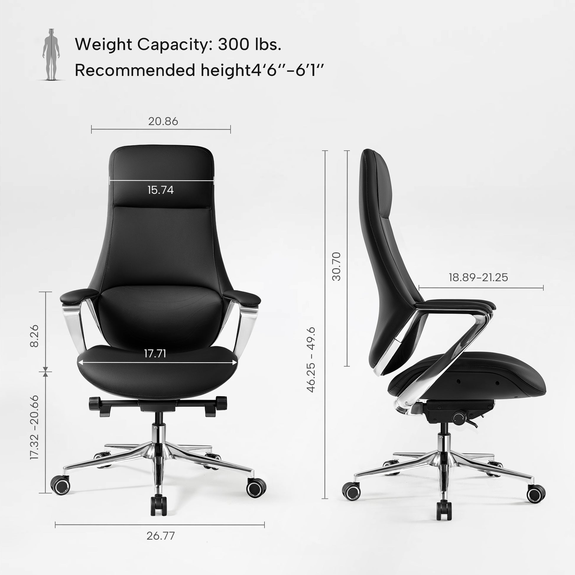 Eureka Ergonomic Nox black leather chair specs: 300 lbs capacity, 4'6"-6'1" height, 17.71" seat width, 46.25"-49.6" overall height.