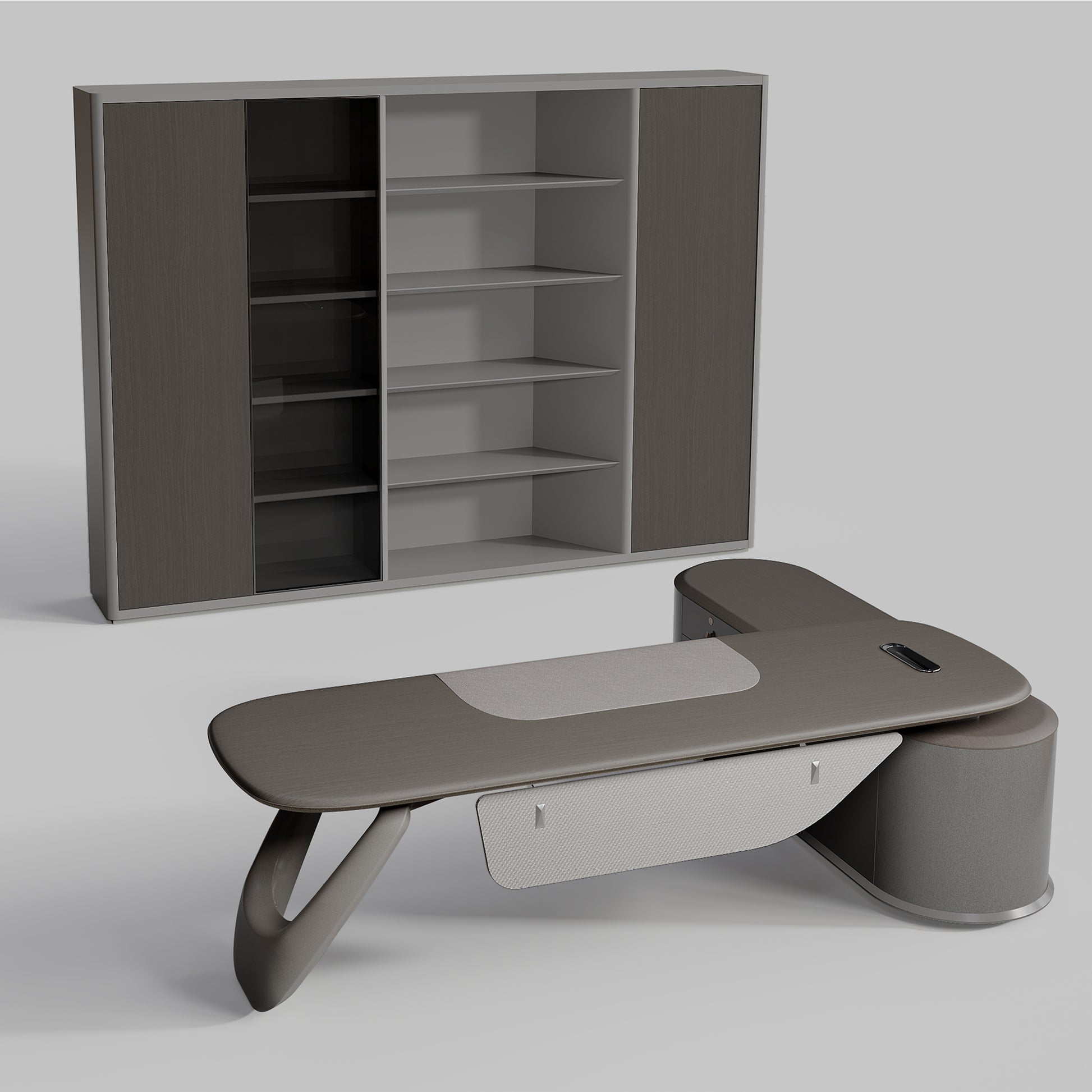 Eureka Ergonomic Zen Orion executive desk and bookcase, dark gray textured finish, wood grain, curved metallic legs. Modern office set.