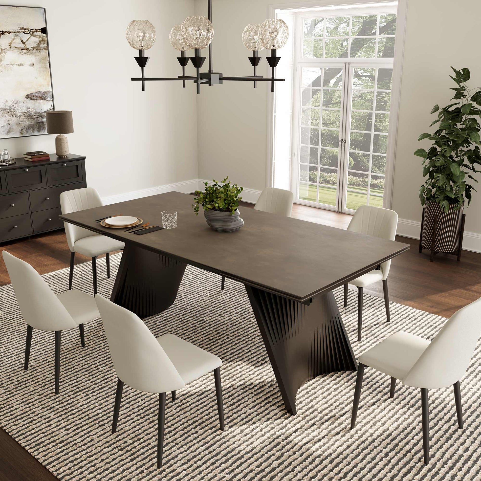 Charlotte Extendable Dining Table With Sintered Stone Top and Black Legs, Ivory Chairs, Modern Dining Room.