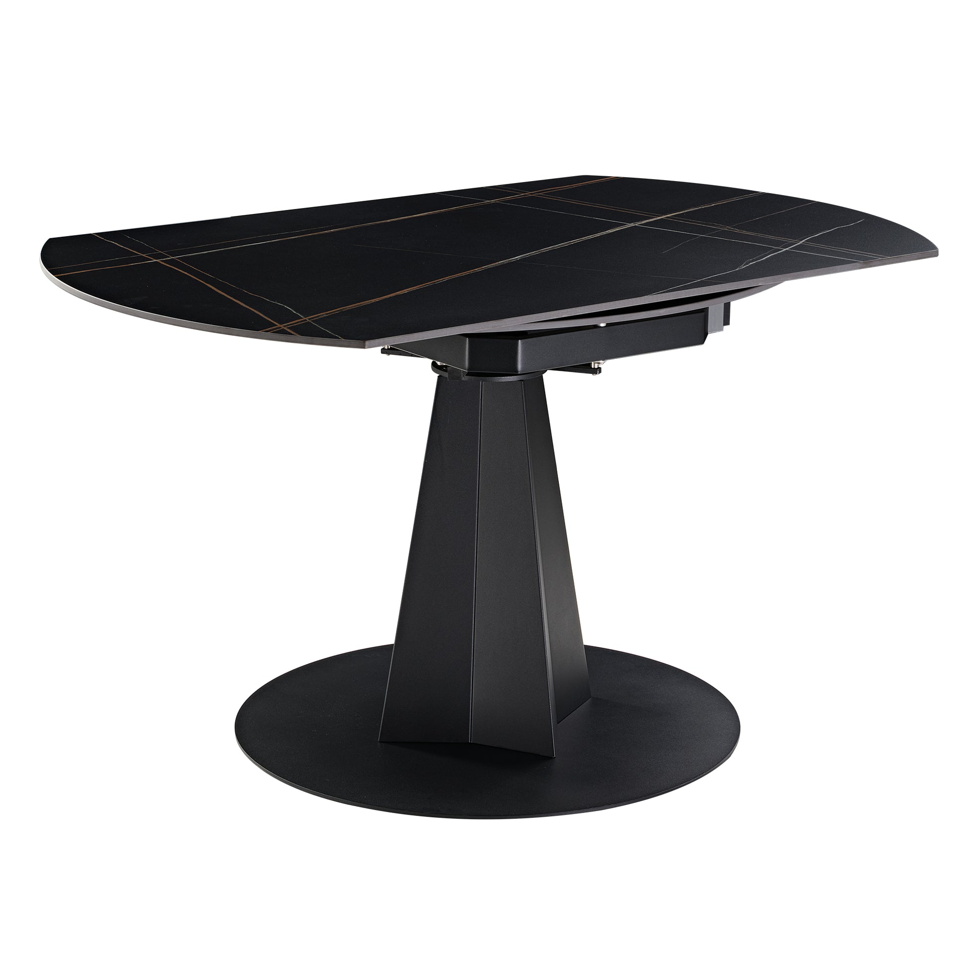 Amelia Round Extending Dining Table, Black Granite Top, Modern Design, Extends From 33 to 53.