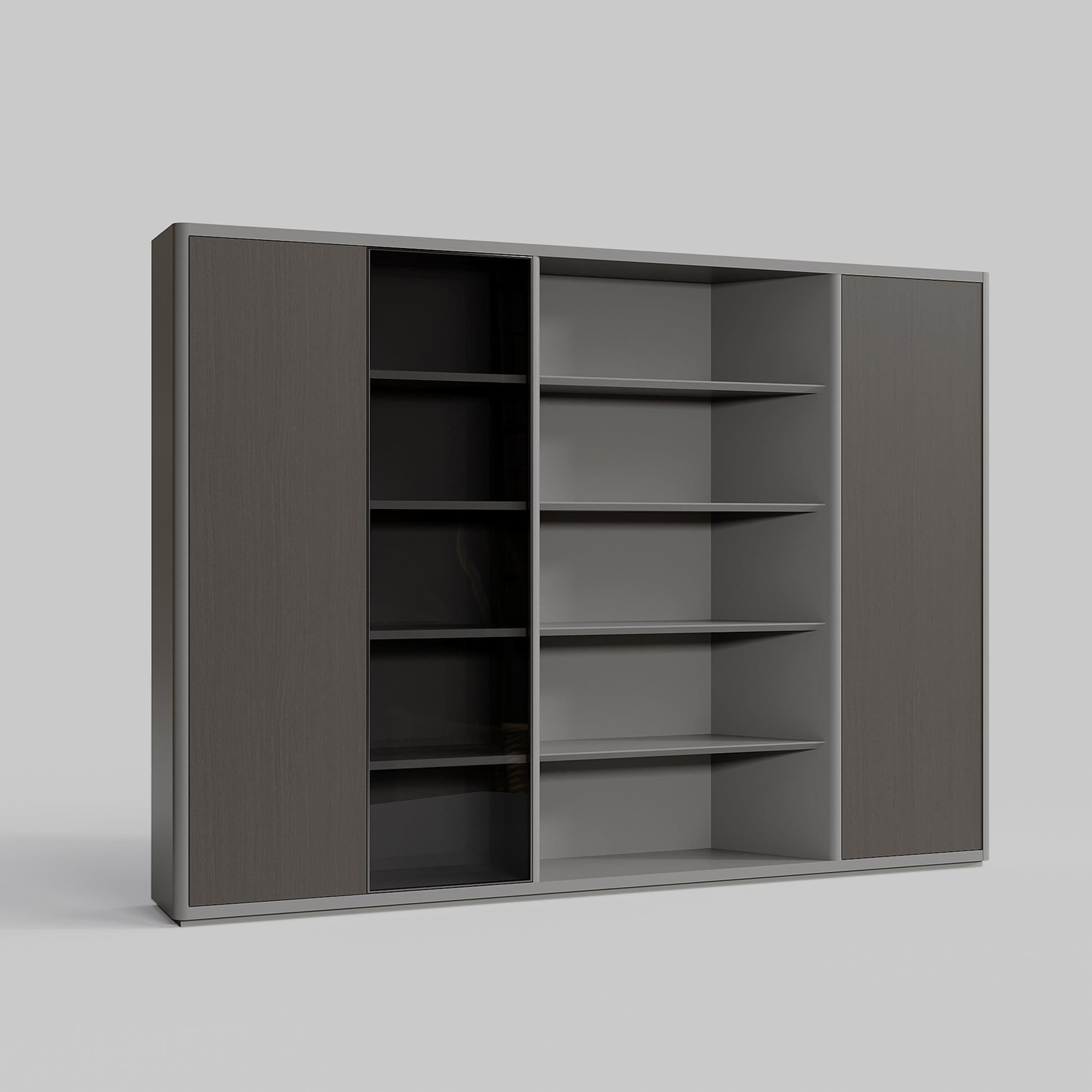 Eureka Ergonomic Zen Orion modern bookcase with dark gray wood grain and open shelves, featuring tinted glass doors for storage.
