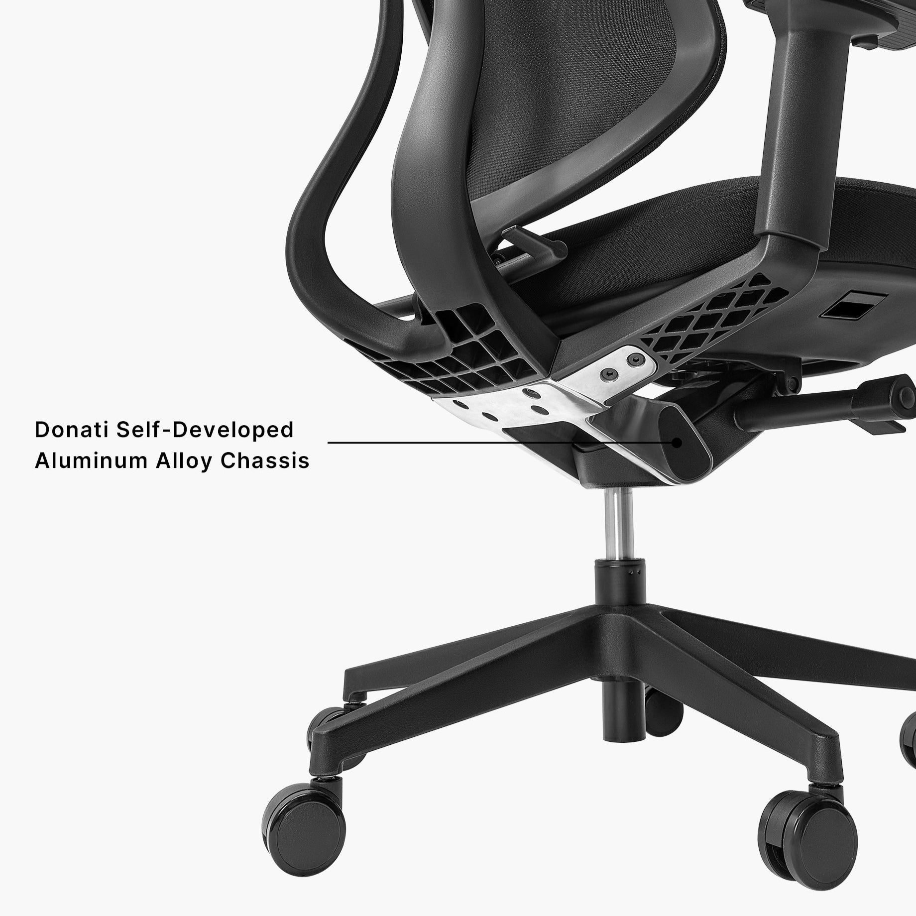 Eureka Ergonomic Lira ergonomic office chair: close-up of aluminum alloy chassis, tilt mechanism, and casters, highlighting durable construction.