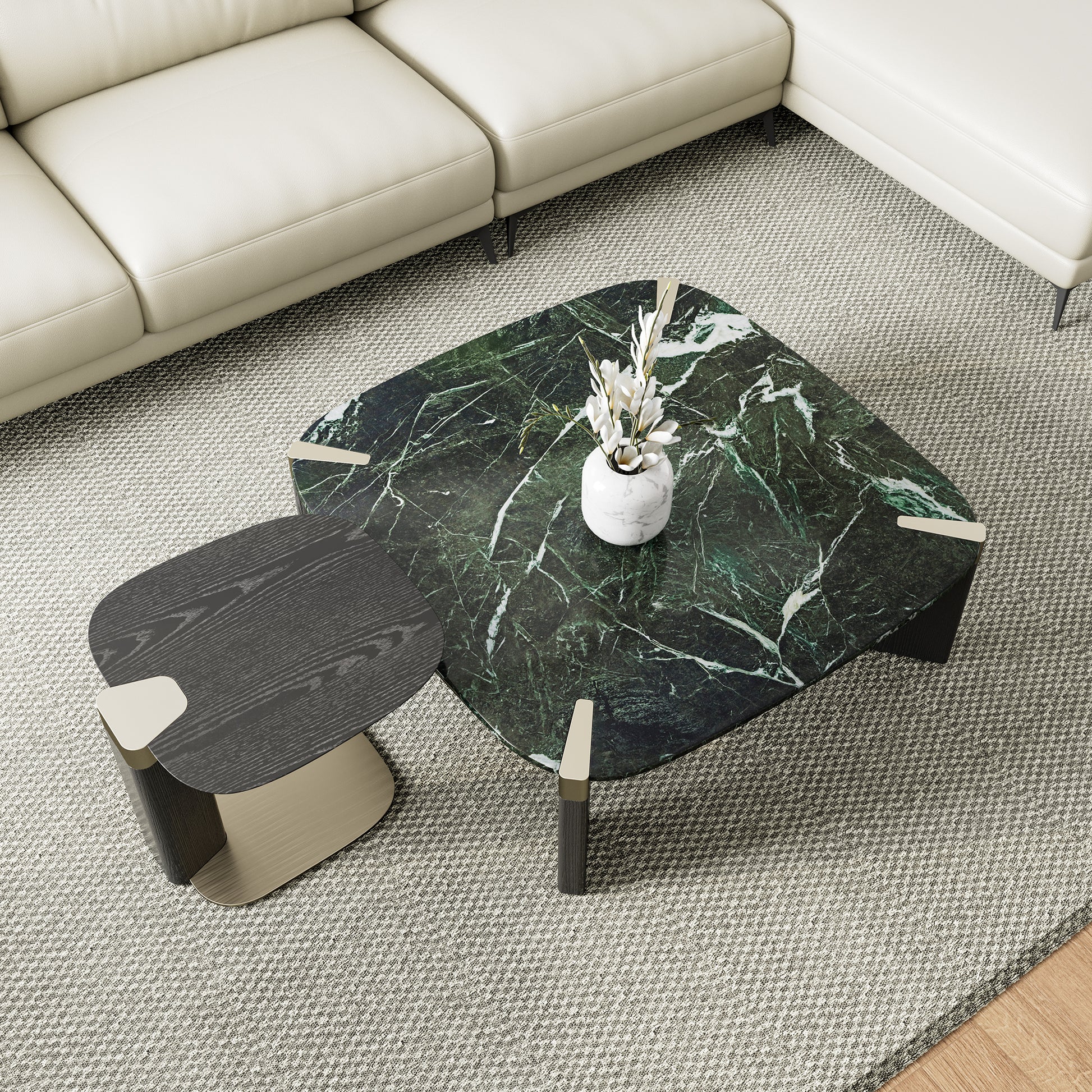 Prada Green Marble Coffee Table Set With Side Table, Modern Luxury Living Room Furniture.