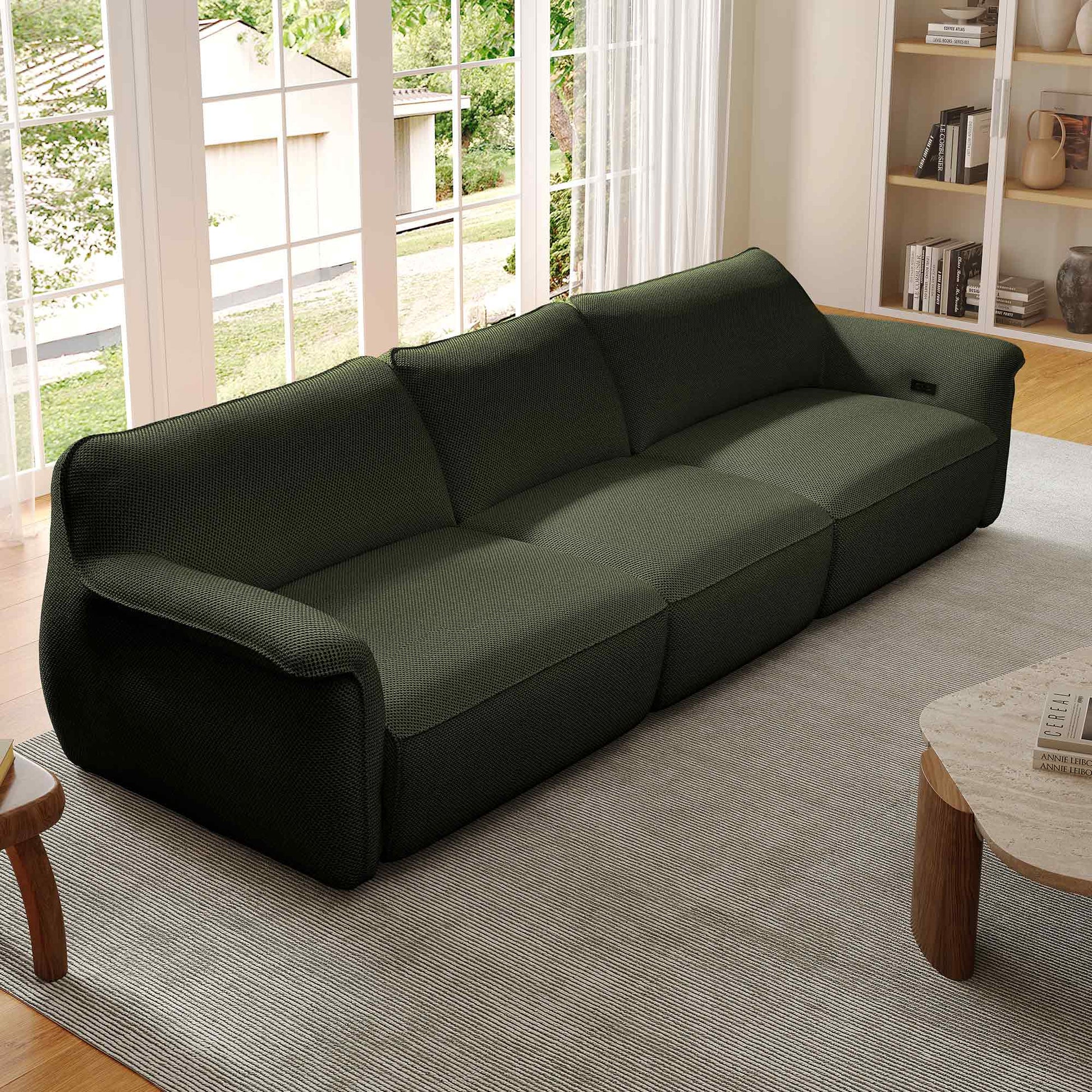 Vero Power Sleeper Sofa in Olive Green Techno 3D Mesh Fabric, a Modern Modular Sofa With Built-In Charging Ports.