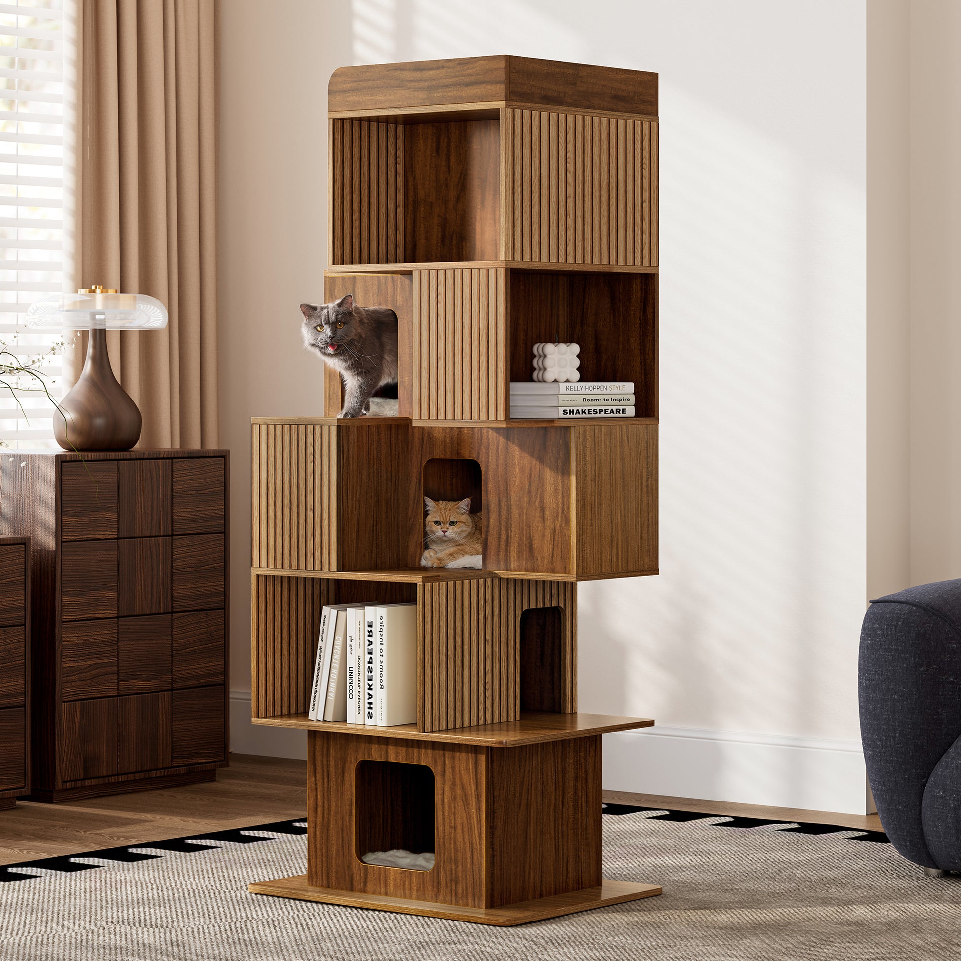 Eureka Ergonomic Pawlio 72" wooden bookshelf cat tree with slatted panels, grey cat peeking from cubby, orange tabby resting below.