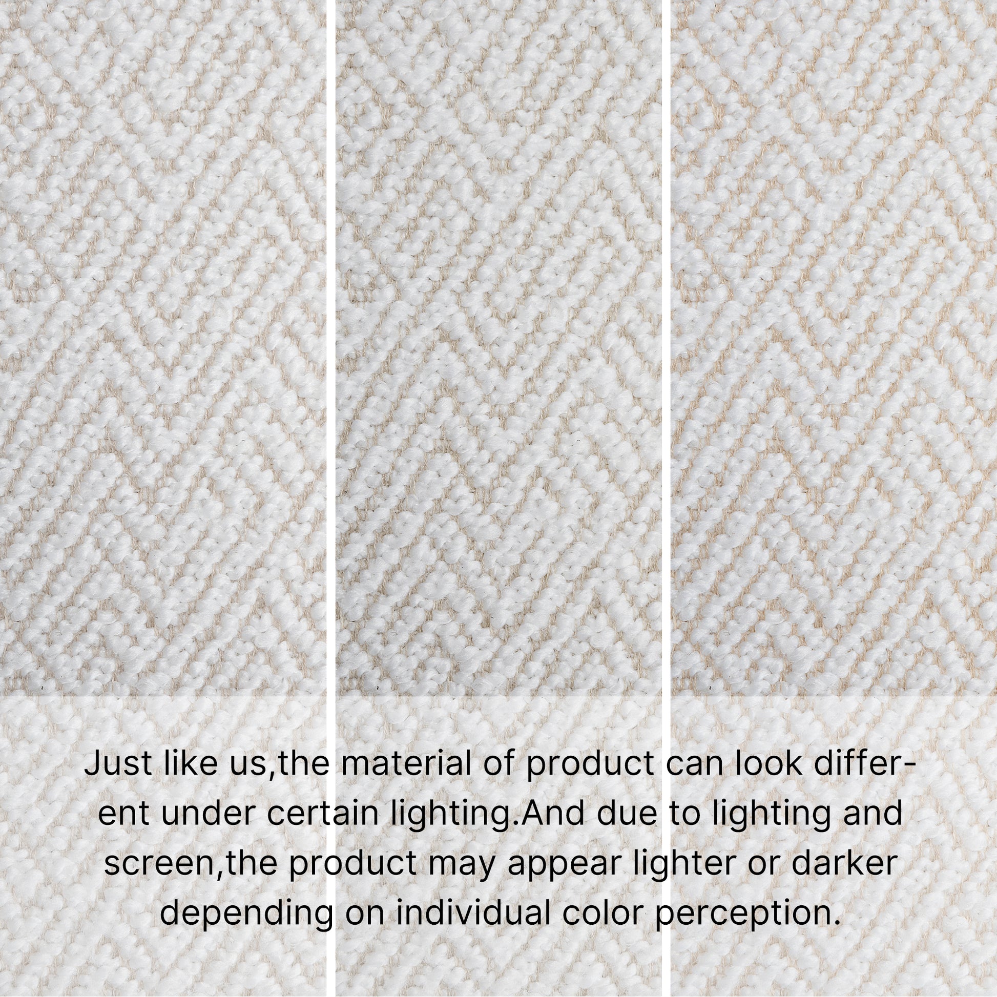 Nibbles Upholstered Chair Fabric Detail, White Geometric Pattern, Color Variations Due to Lighting.