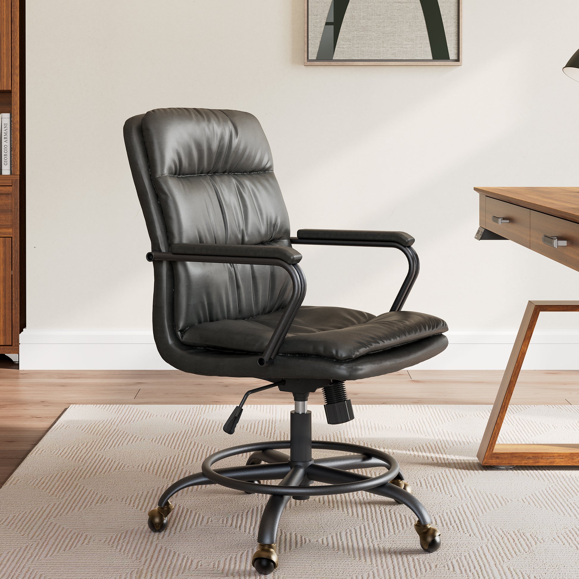 Regal Black Pu Leather Home Office Chair, Ergonomic With Bronze Accents, Mid-Century Workspace.