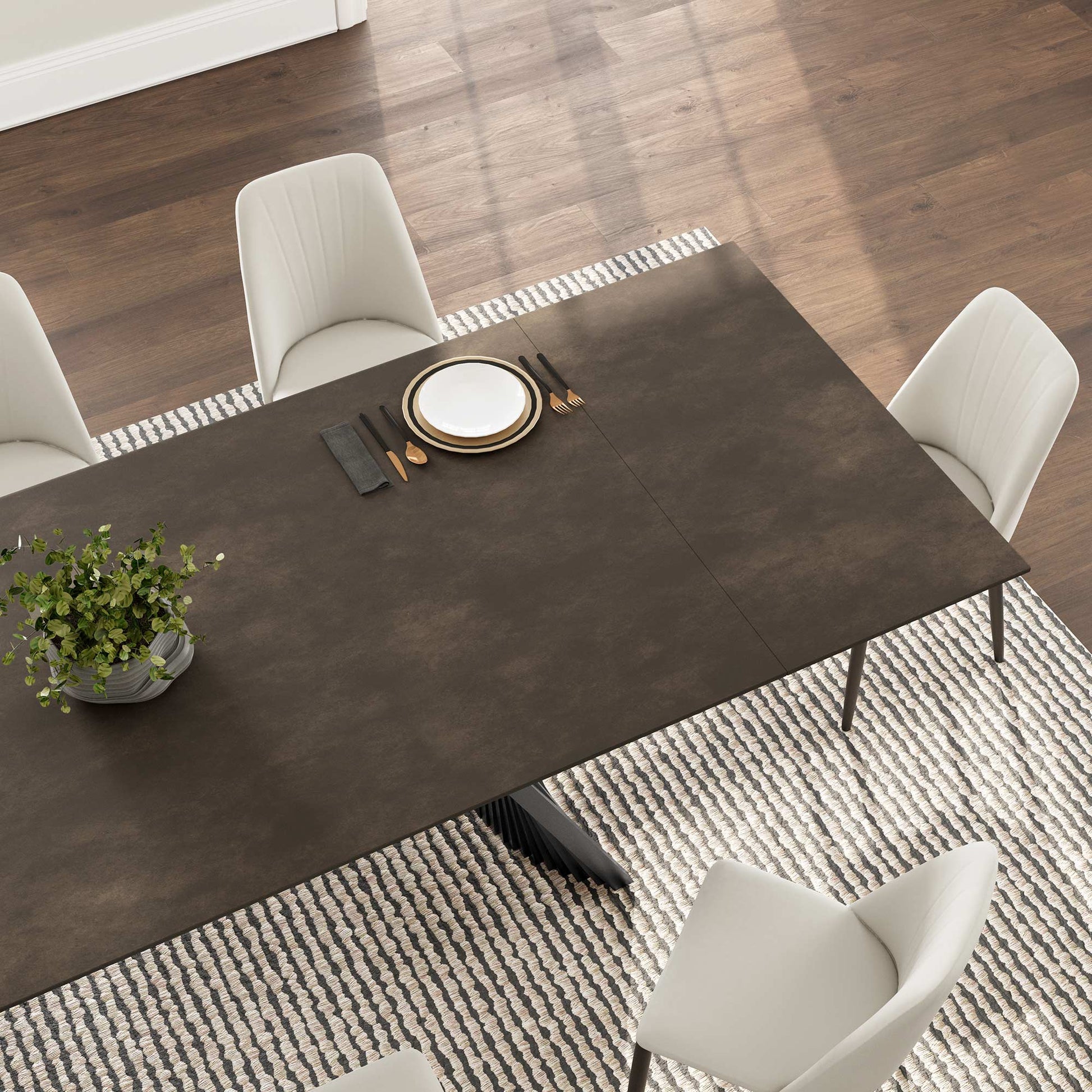 Charlotte Extendable Dining Table With Sintered Stone Top, Ivory Chairs, and Dining Set.