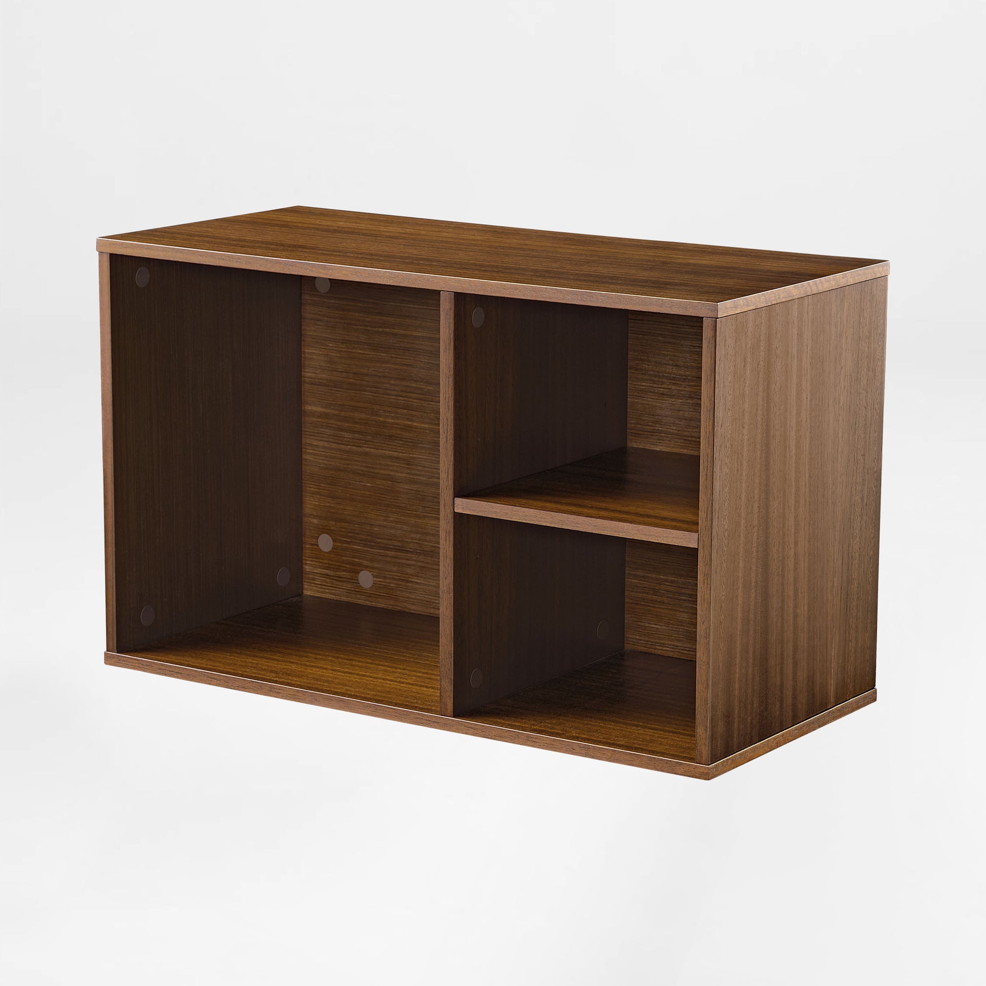 Wooden Cabinet for Zen Pro Executive Desk. Brown Wood Grain, Two Open Compartments, Shelves for Office Organization,Front View.