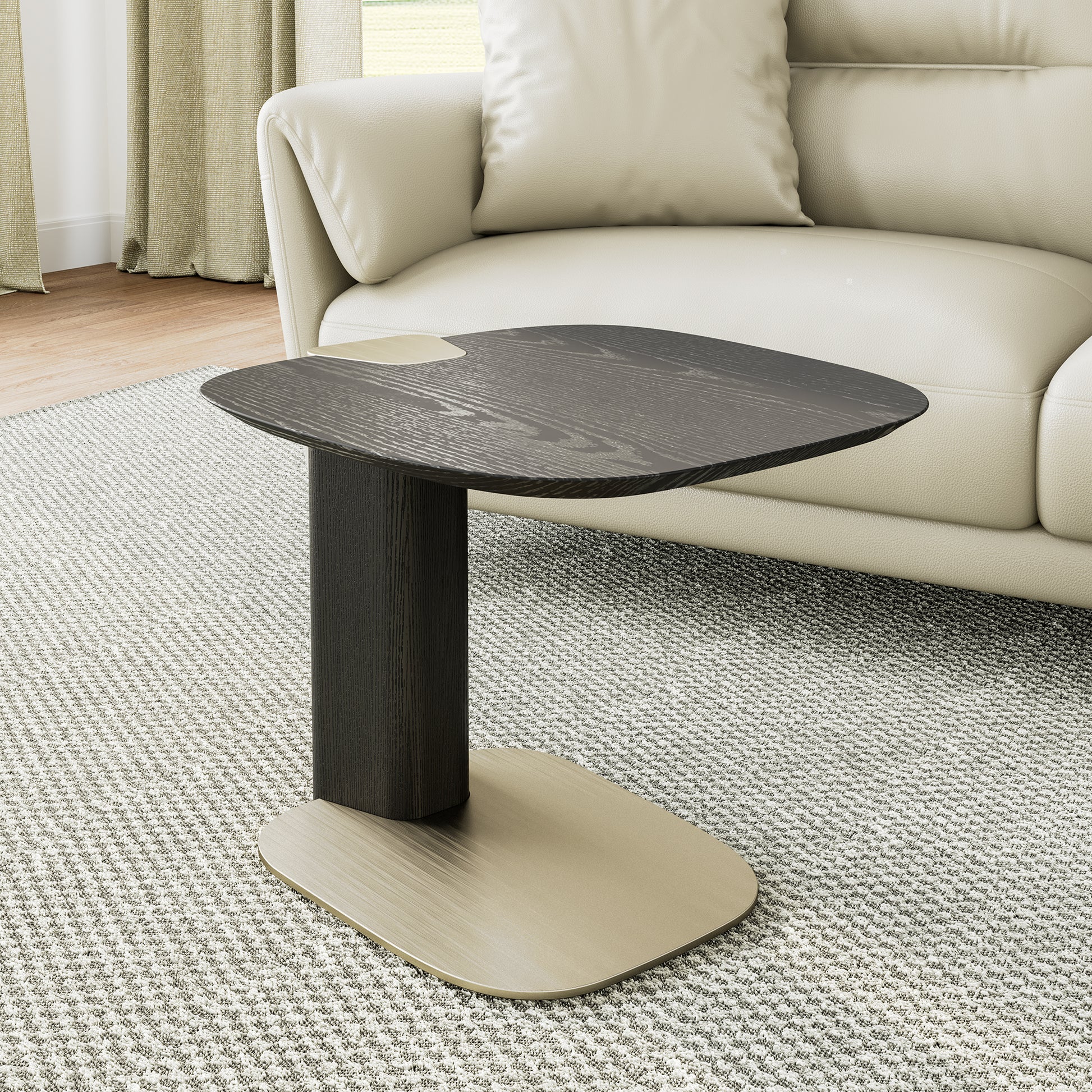 Modern Side Table Next to a Sofa, Featuring a Dark Wood Top and a Golden Metal Base, Modern Luxury Furniture.