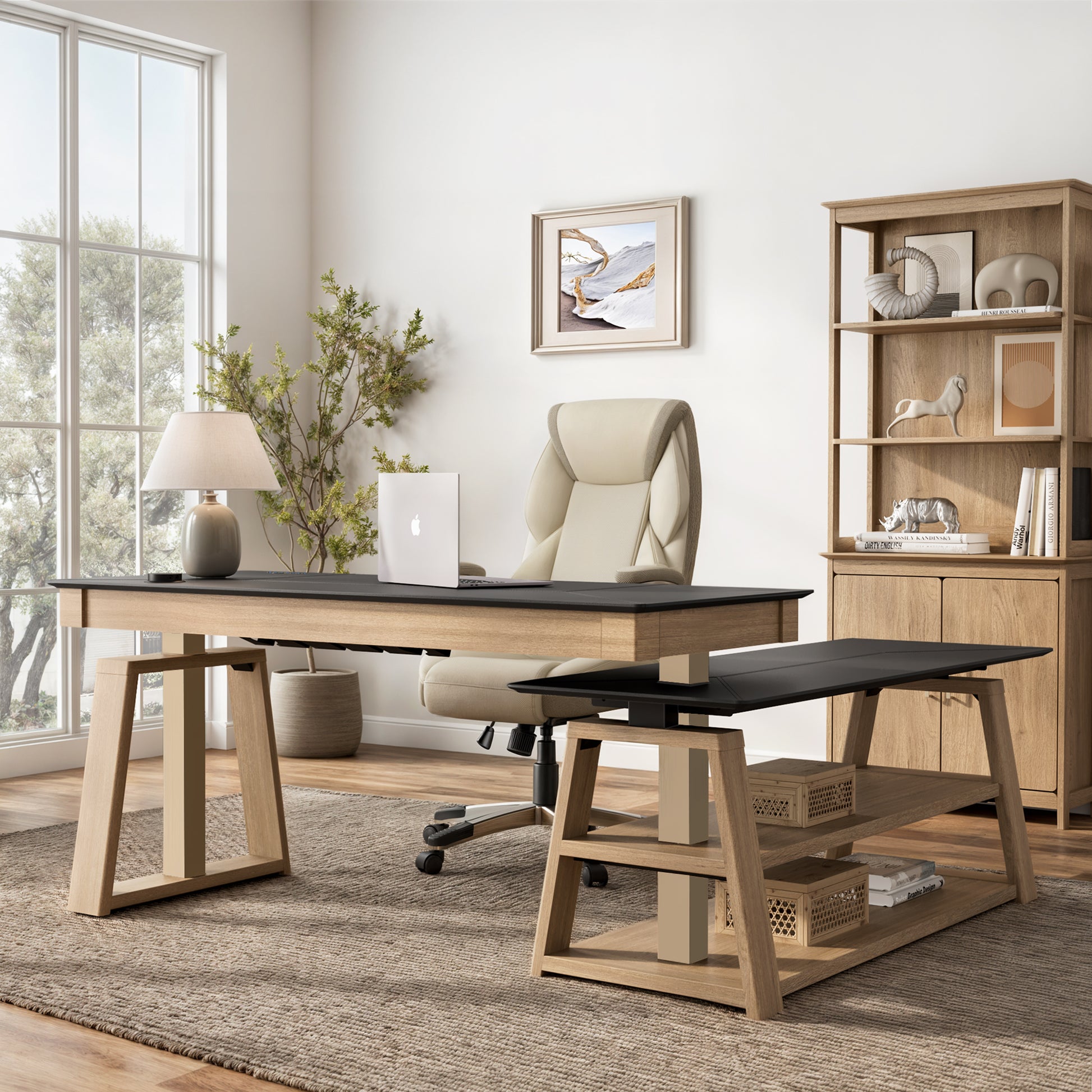 Ark Ex Executive Standing Desk With Oak Veneer Base and Black Desktop, Modern Office Setup.