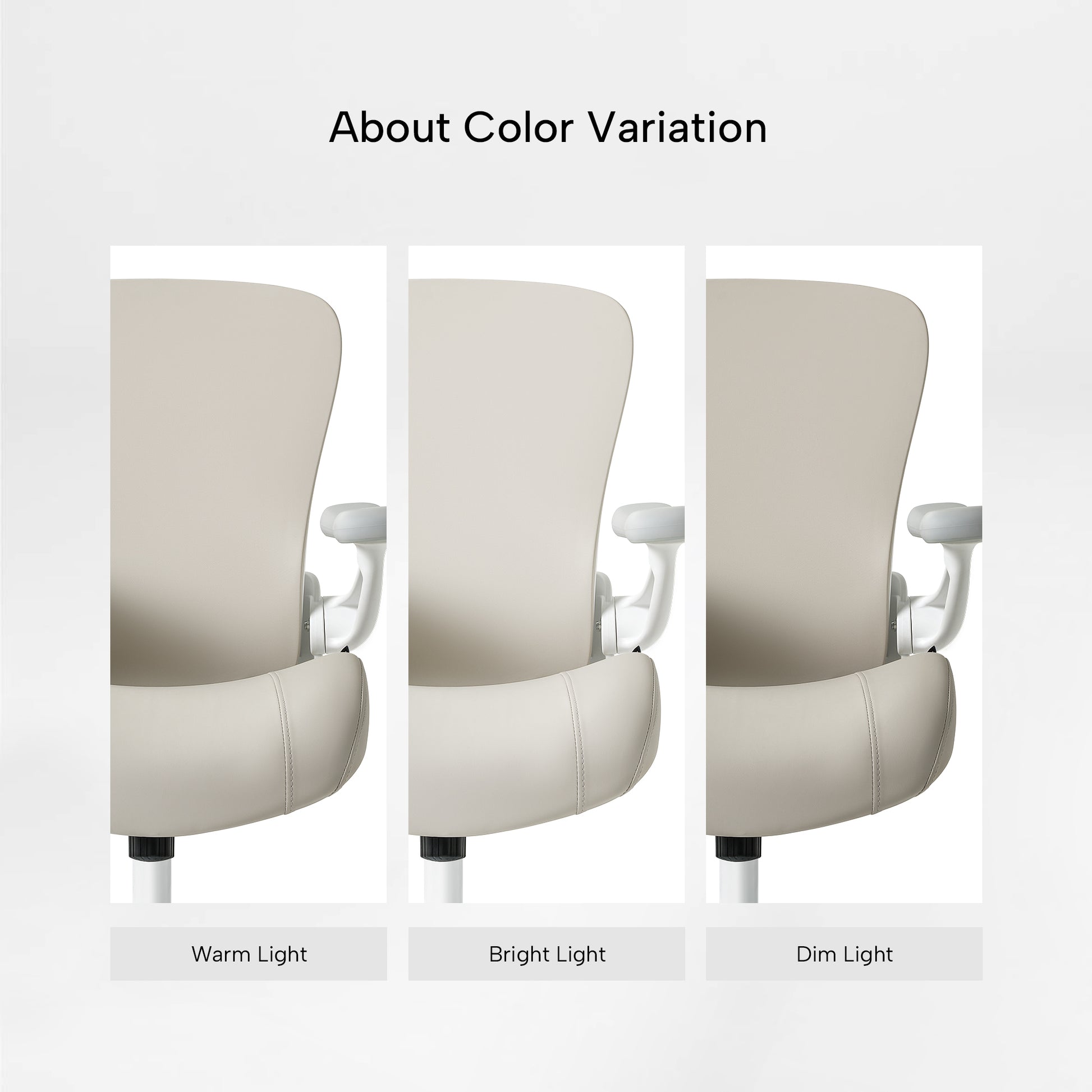 Eureka Ergonomic Vera ergonomic chair light grey PU leather seat & armrest: color variation under warm, bright, dim light.