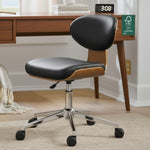 Eureka Ergonomic Matt black faux leather office chair with walnut veneer shell and chrome base on casters.