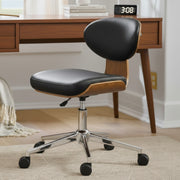 Eureka Ergonomic Matt black faux leather office chair with walnut veneer shell and chrome base on casters.