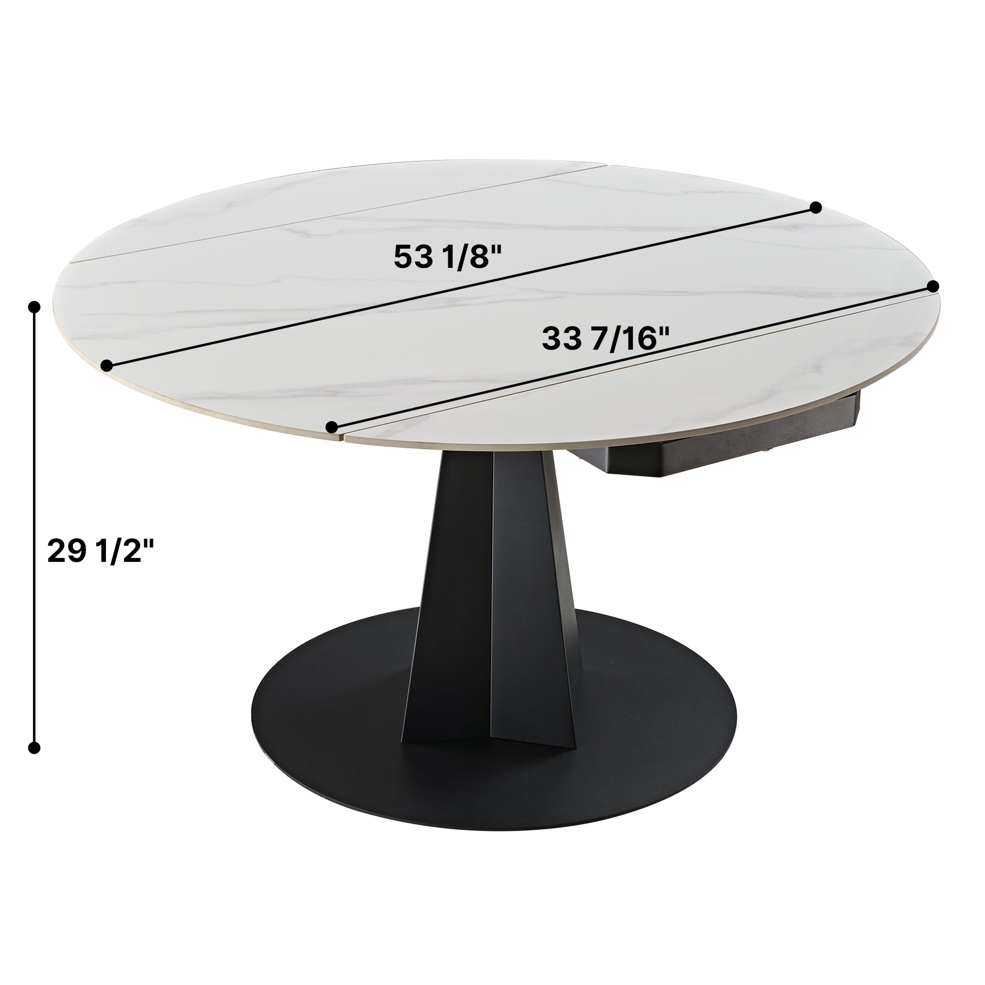 53 inch White Round Extending Dining Table with Black Base, Product Dimensions