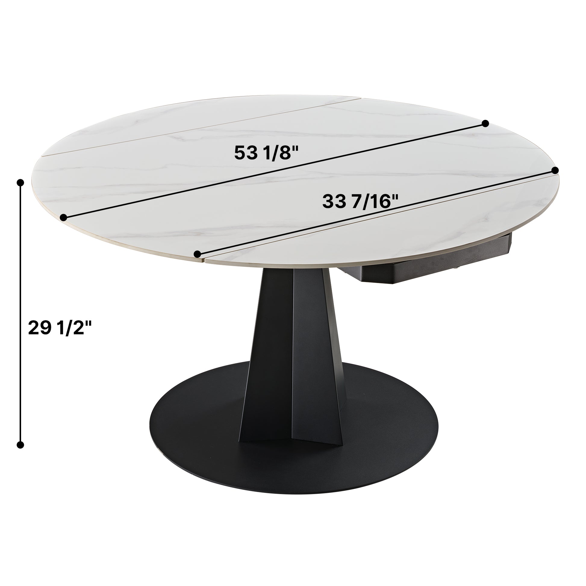 Amelia Round Extending Dining Table, White Granite Top and Black Base, 33-53 Extending, Modern Design.