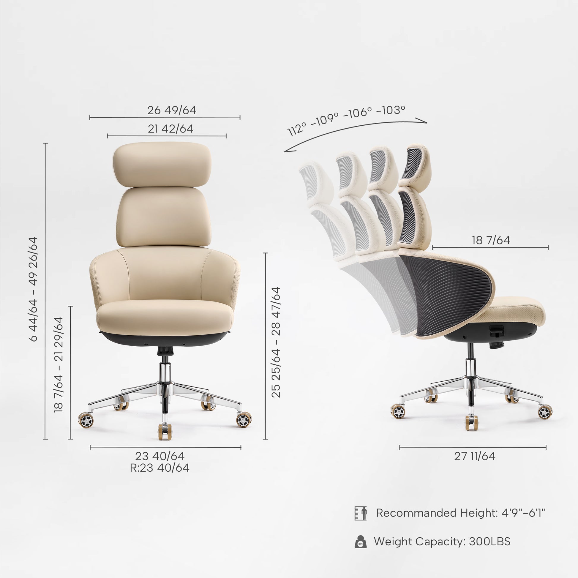 Eureka Ergonomic Royal Rowan ergonomic office chair dimensions: H:44-49in, W:26in, D:27in. Recline 103-112°. Chrome base.