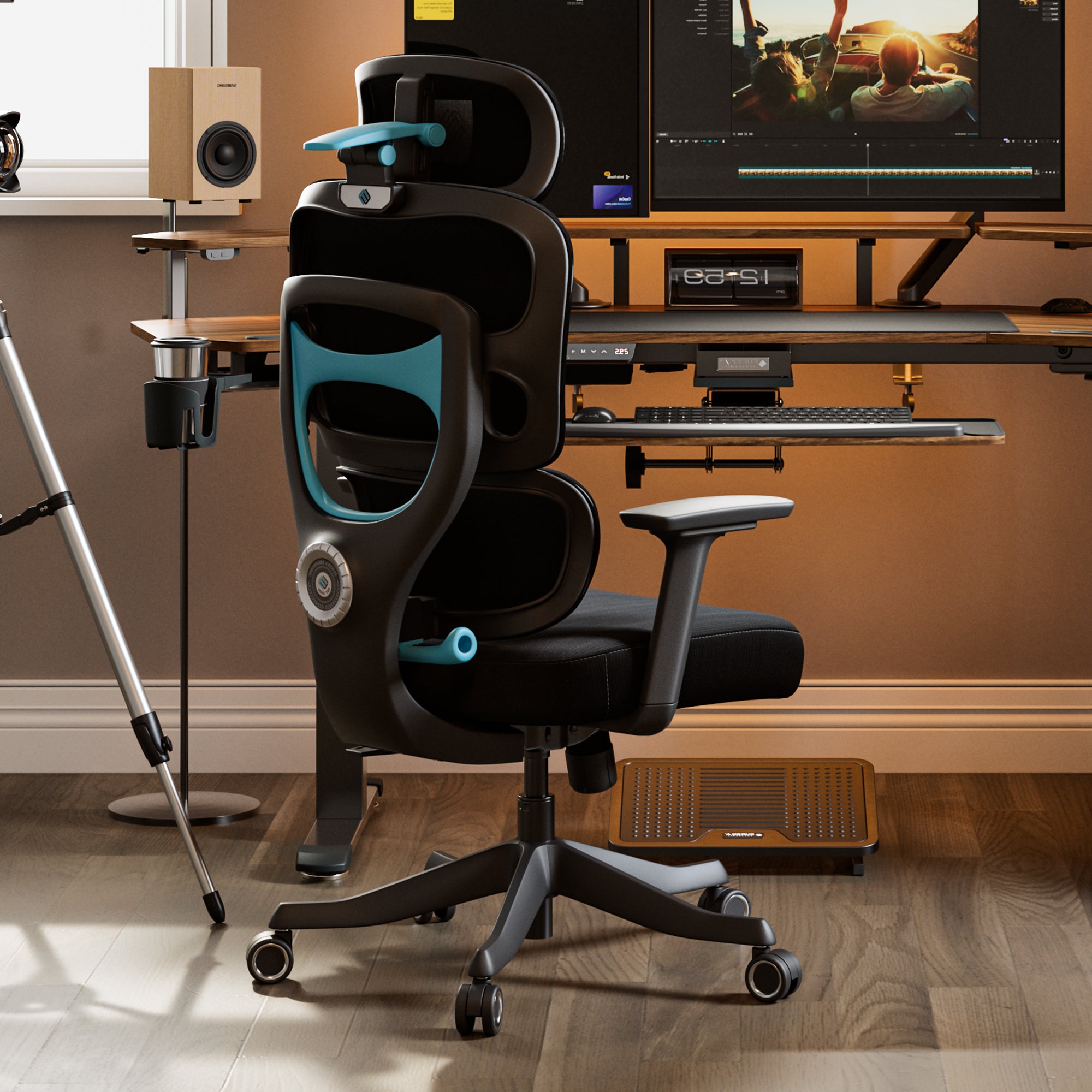 Axion Modern home office setup with a gaming chair, desk, and computer equipment Blue_Fabric