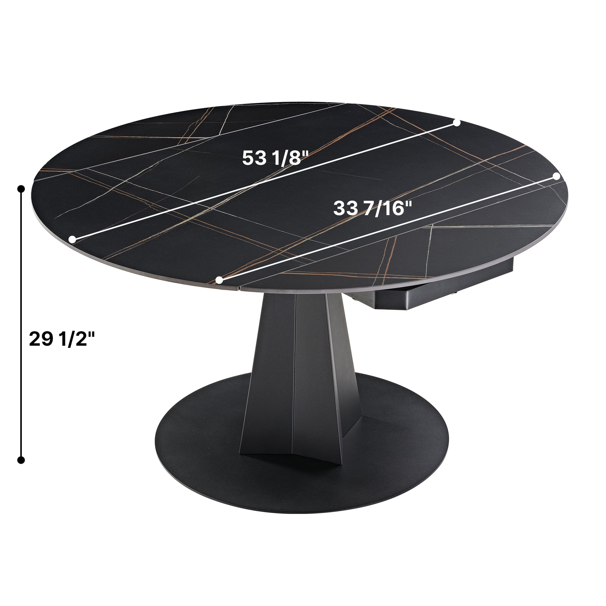 53 inch Round Extending Dining Table with Black Base, Product Dimensions