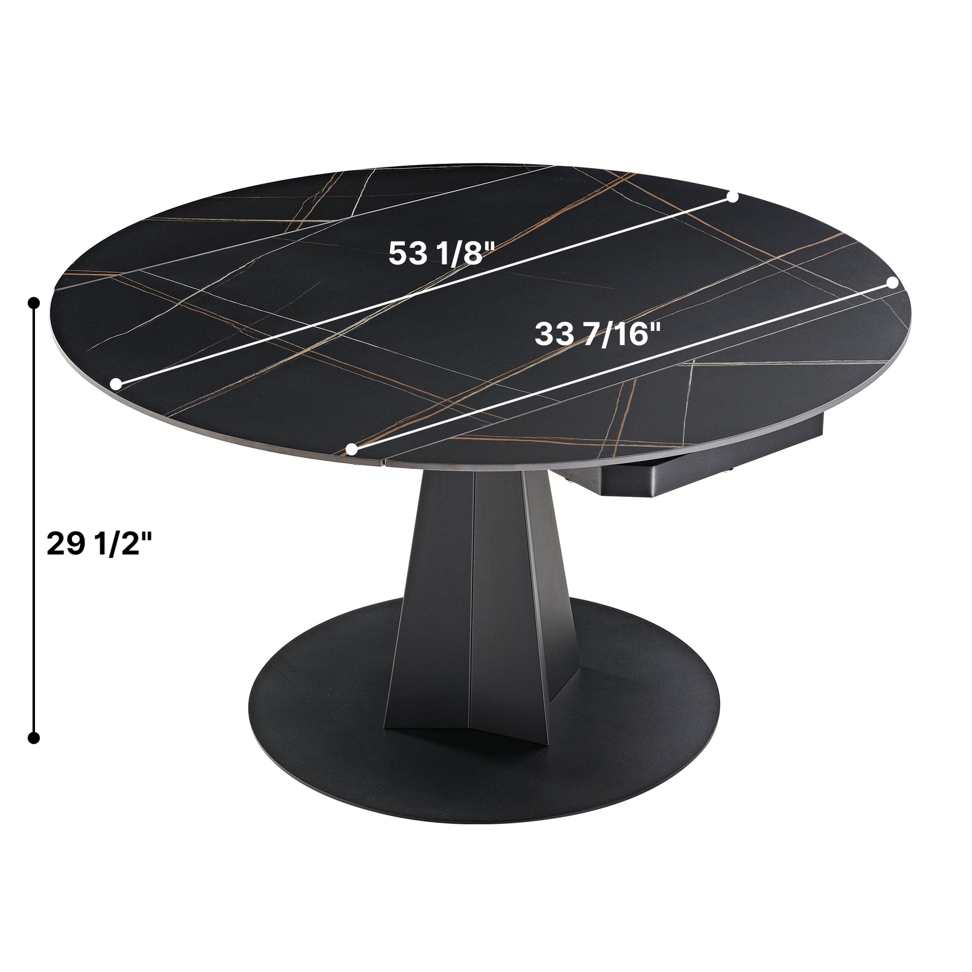 Amelia Round Extending Dining Table in Black Granite With Dimension Details, Modern Design, Extends From 33 to 53.