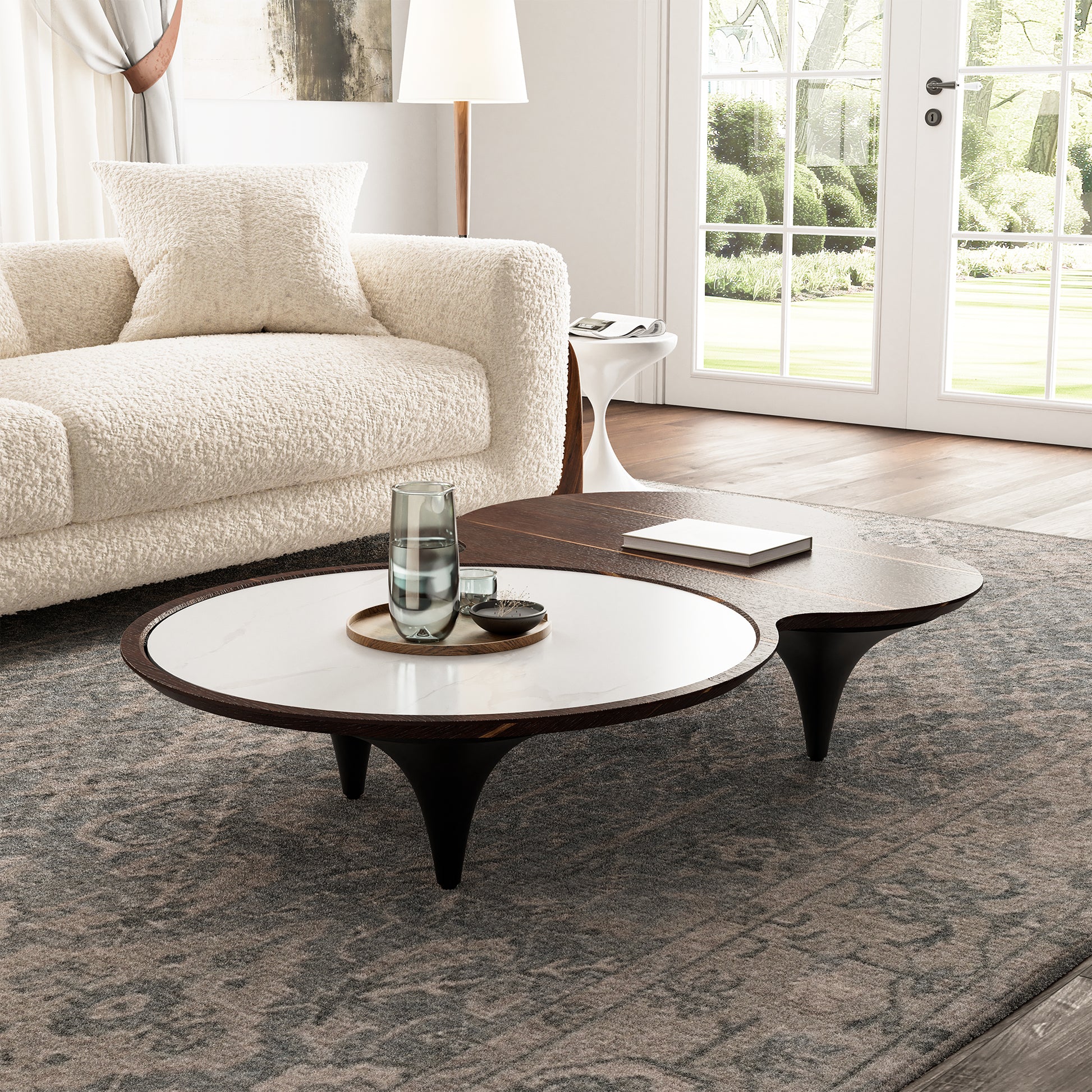 Modern Irregular Walnut Coffee Table With Marble Top, a Stylish Living Room Centerpiece.