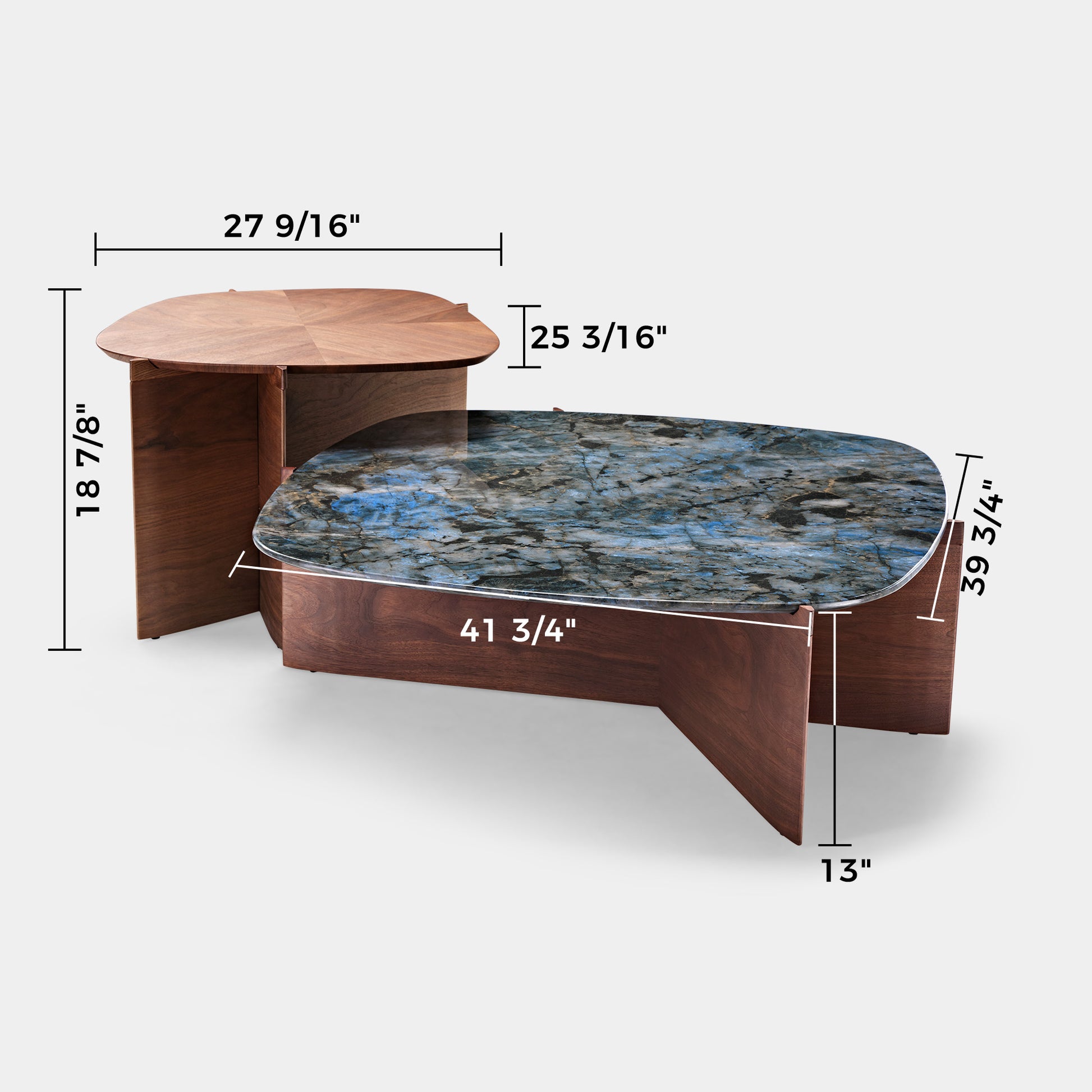 CT04 Coffee Table Set With Blue Jade Marble Top and Walnut Wood, Dimensions Shown.