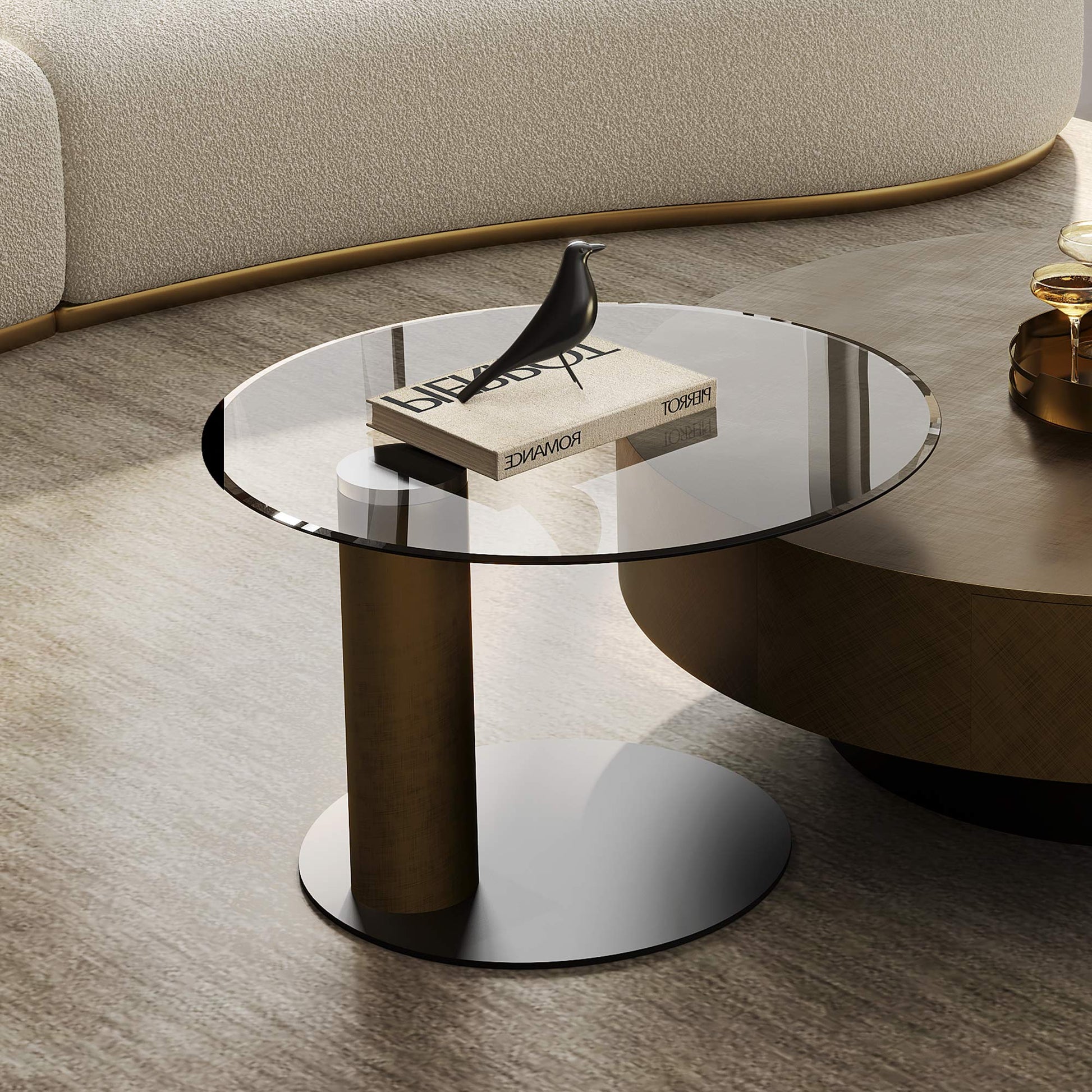 35 Brown Coffee Table With Glass Top, Bronze Base and Bird Decor, Part of a Modern Furniture Set.