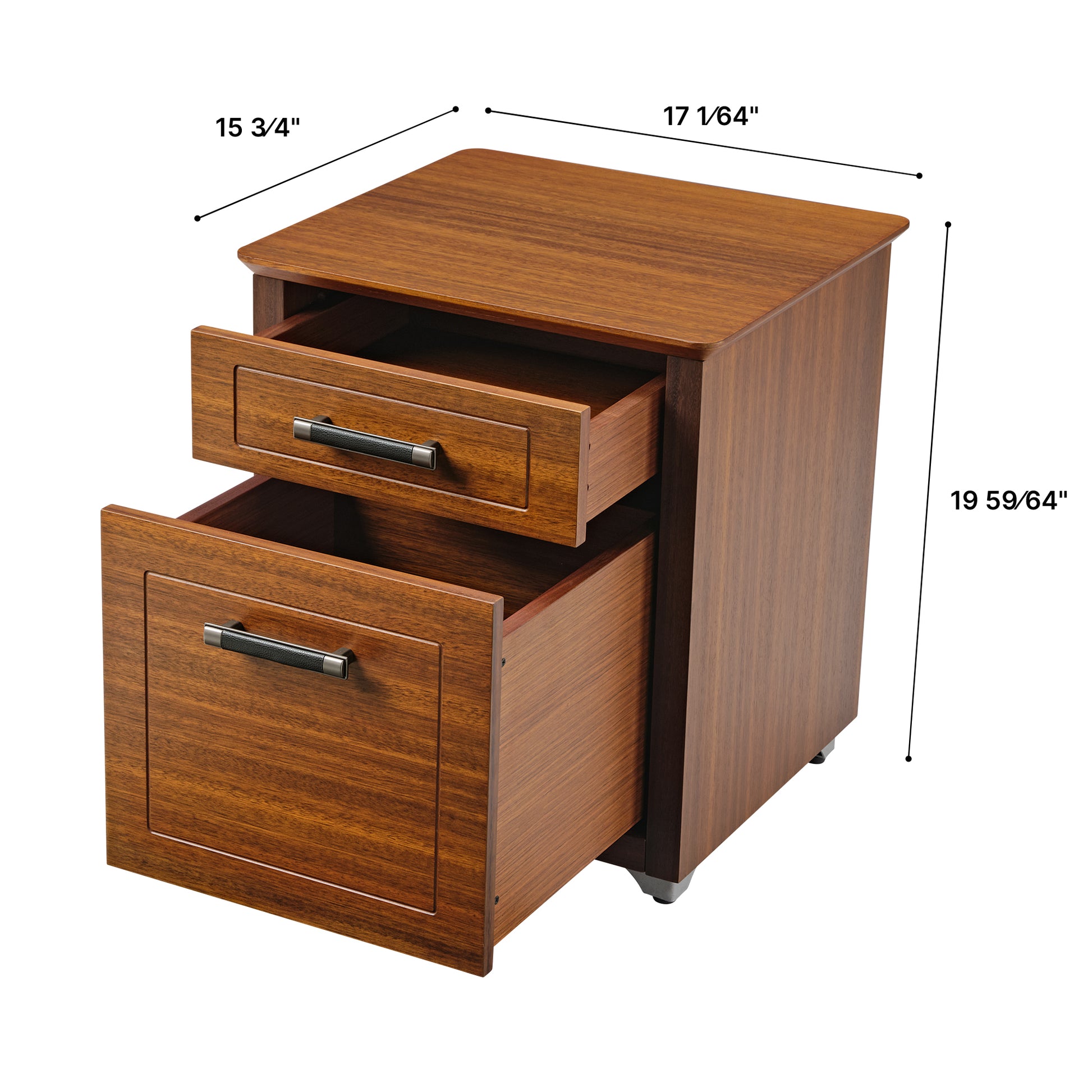 Dark Walnut File Storage Cabinet With Open Drawers Showing Dimensions. Mid-Century Modern Design.