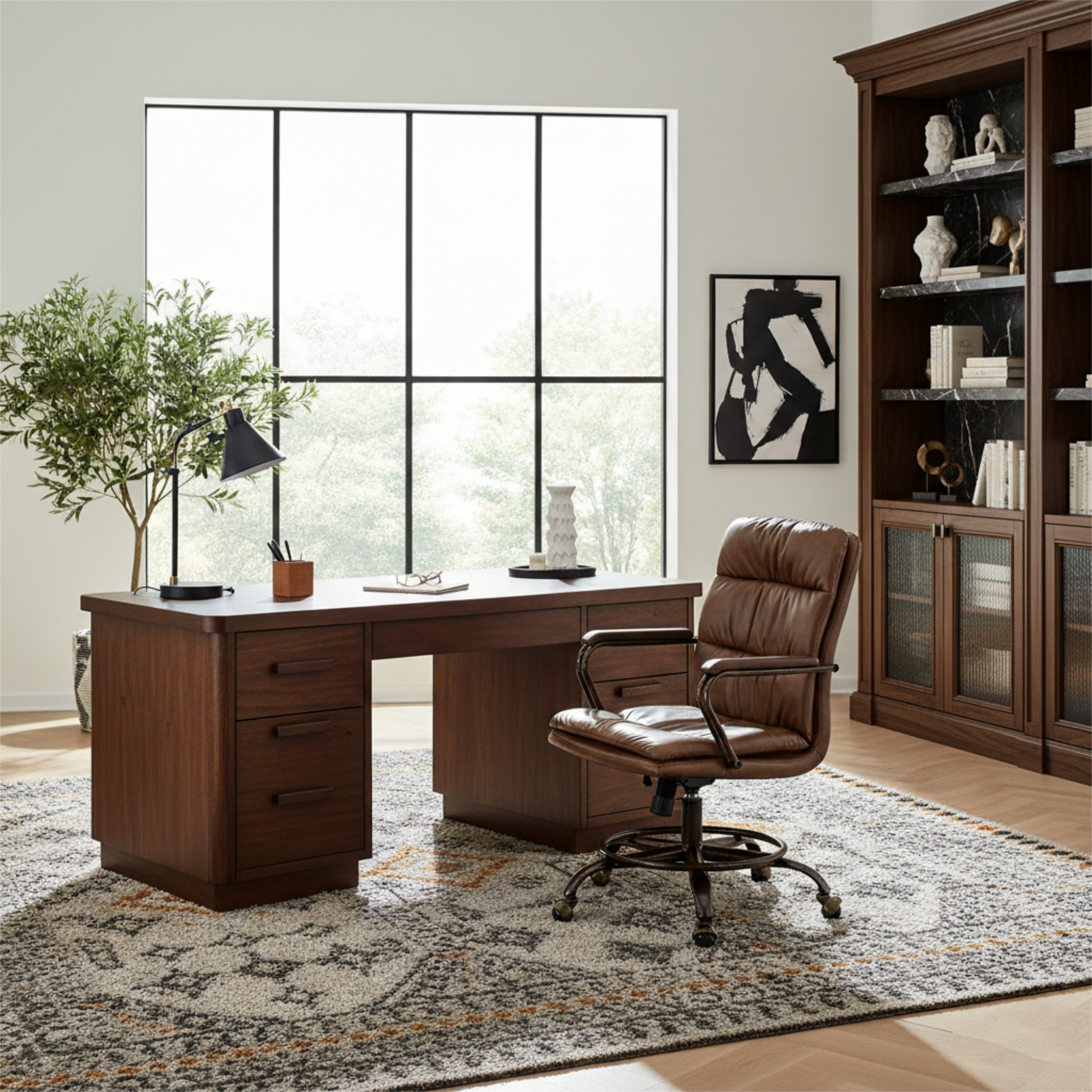 Eureka Ergonomic Brown PU leather home office chair with five-star base in a modern home office setting.