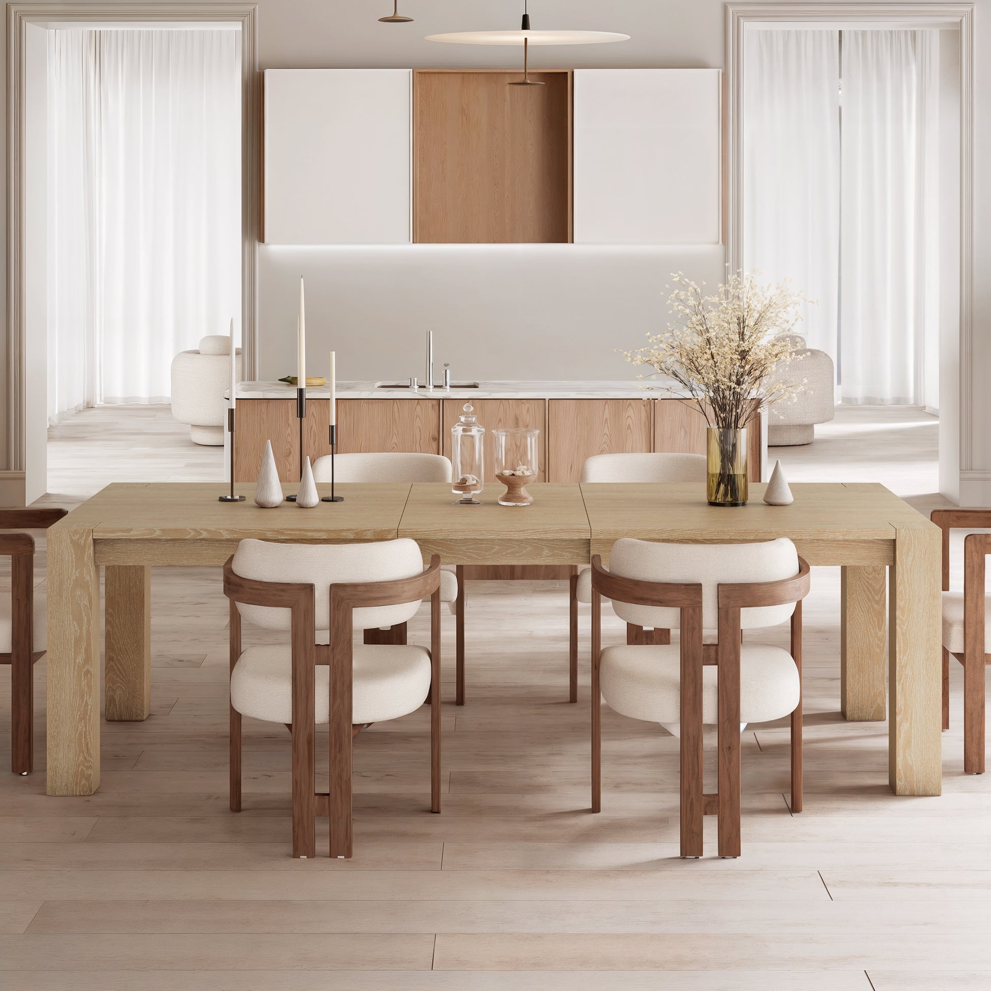 Eureka Ergonomic Set of two Elle Boucle Dining Chairs in ivory with walnut wood frames, mid-century modern design.