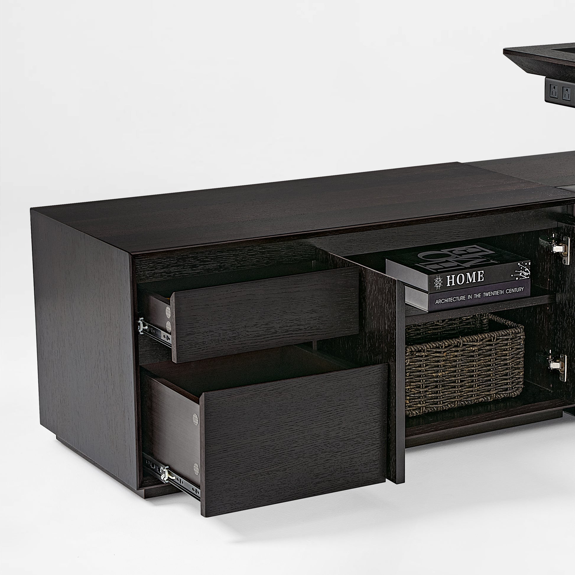 Eureka Ergonomic Zen Classic Executive Standing Desk: dark wood cabinet interior with open drawers, metal slides, books, and basket.