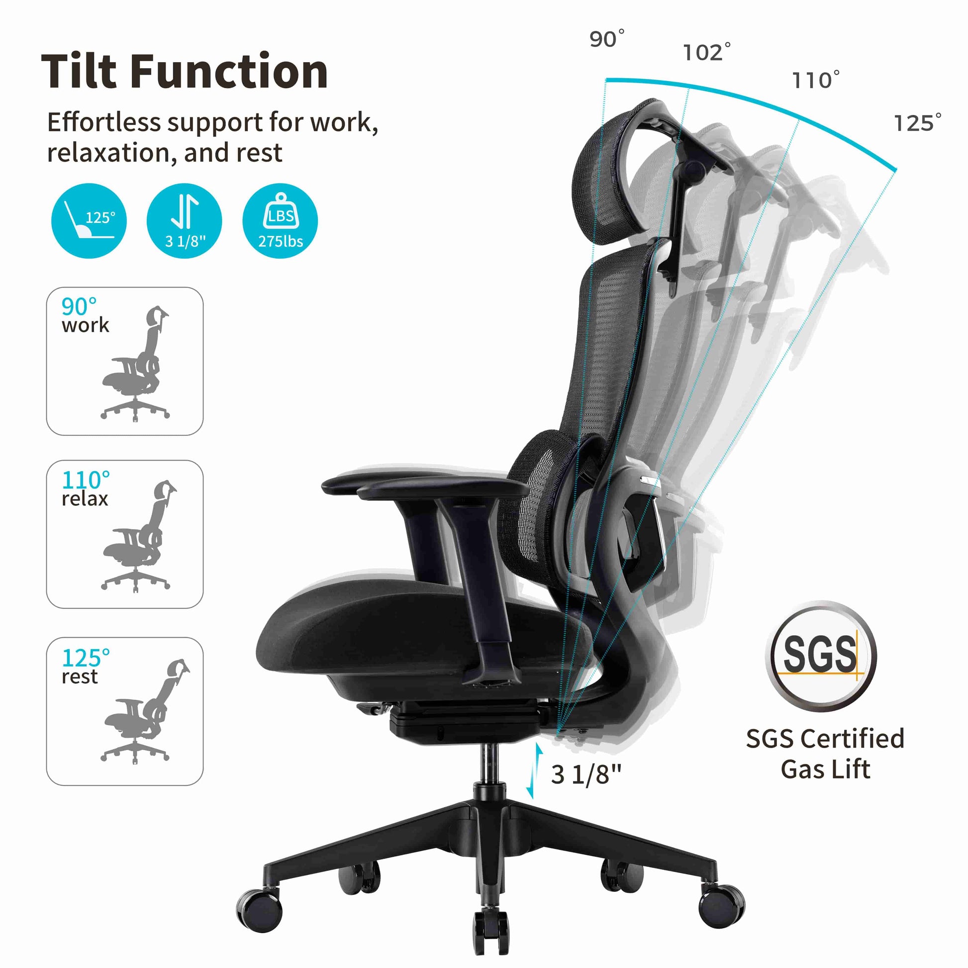 Lark Ergonomic Office Chair Tilt Function, Adjustable Angles and Height, Promoting Comfort and Spinal Health.