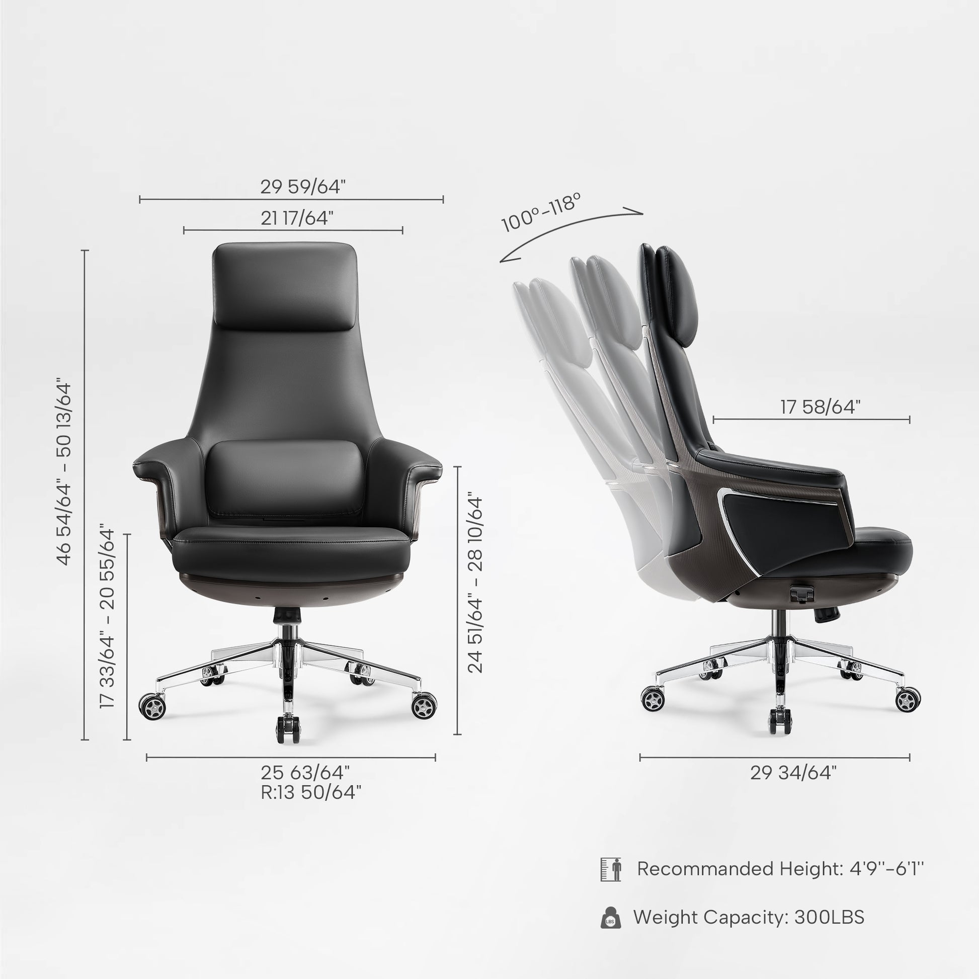 Eureka Ergonomic Royal Renee ergonomic executive office chair dimensions: W 29.9", H 46.8"-50.2", seat H 17.5"-20.8", recline 100-118°.