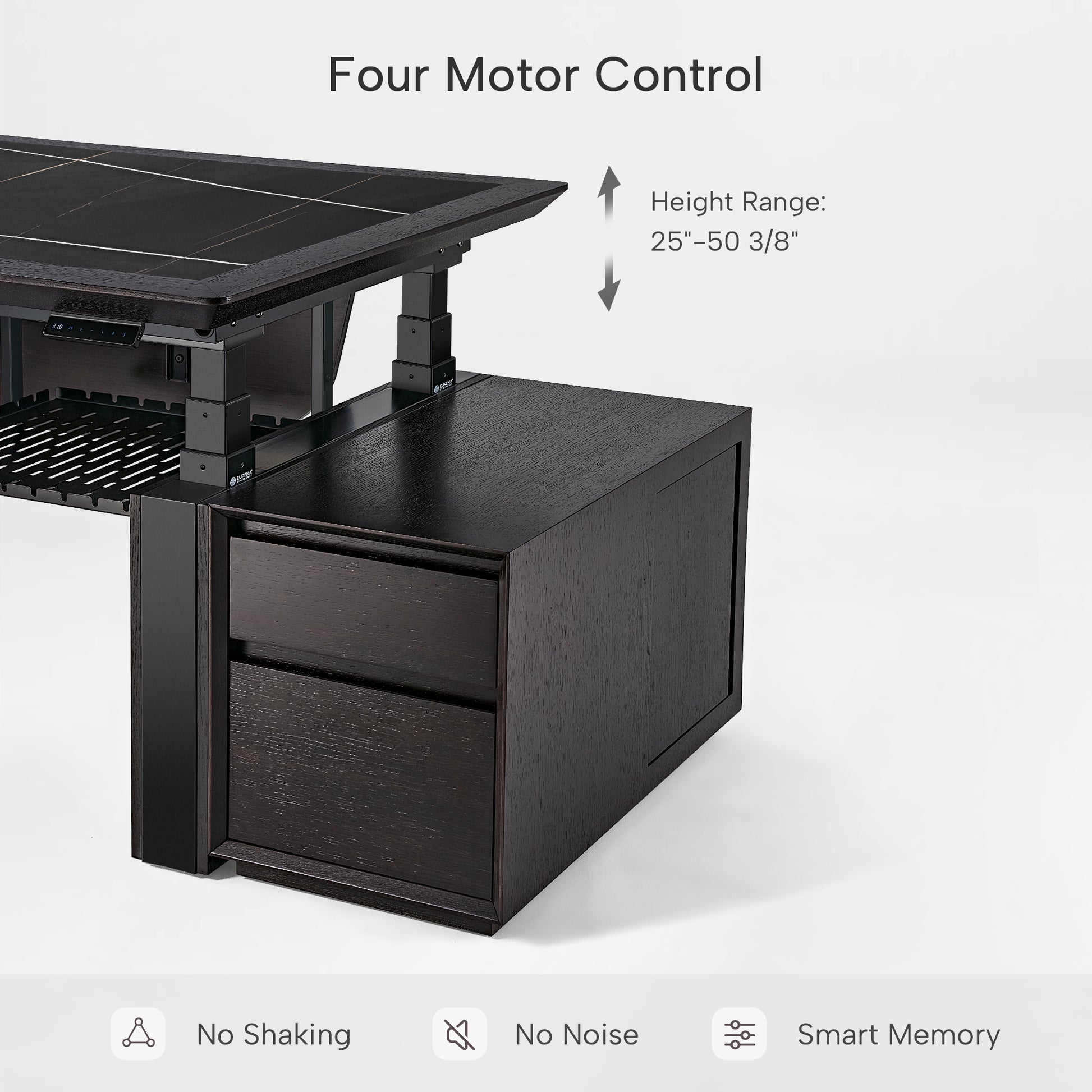 Zen Classic Executive Standing Desk With Four Motor Control, Dark Wood Finish, Height Adjustable, and Smart Features.