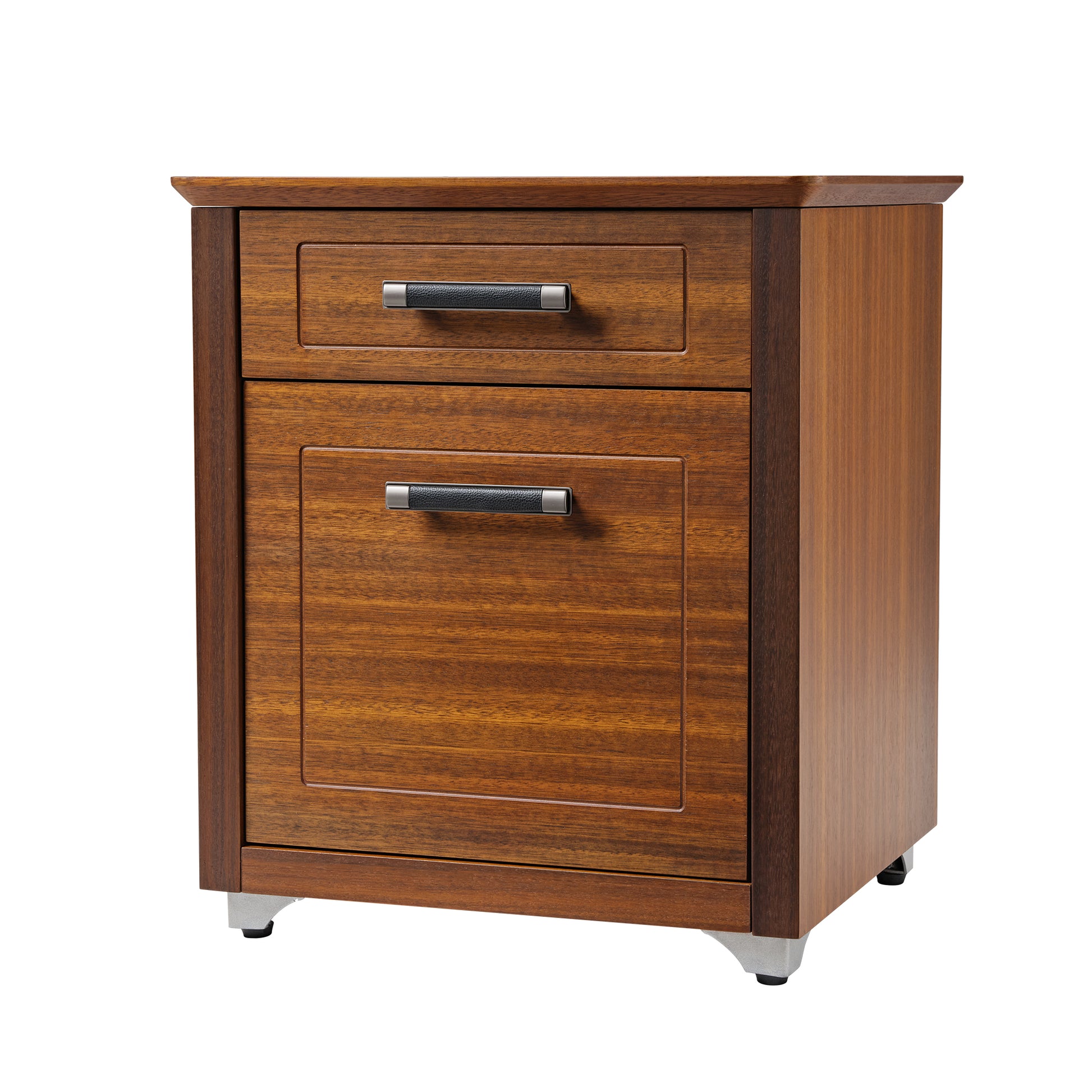 Dark Walnut 2-Drawer File Storage Cabinet With Leather Handles.